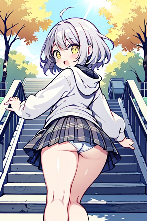 (((Alone))), (((((Tree eyes))))), (((yellow eyes))), ((((Light purple tousled medium short wavy hair)))), (((Perspective looking up from below))), ((((Stick your butt out backwards and turn around)))), ((cheek bulge)), ((((thighs!!!!!!)))), big ass, (((((thick legs))))), ((Emphasis calf)), (((Dynamic Dynamic Poses))), ((Wear a white hoodie and a plaid skirt)), ((laugh with your mouth wide open)), ((Stairs on a pedestrian bridge in bright sunlight))