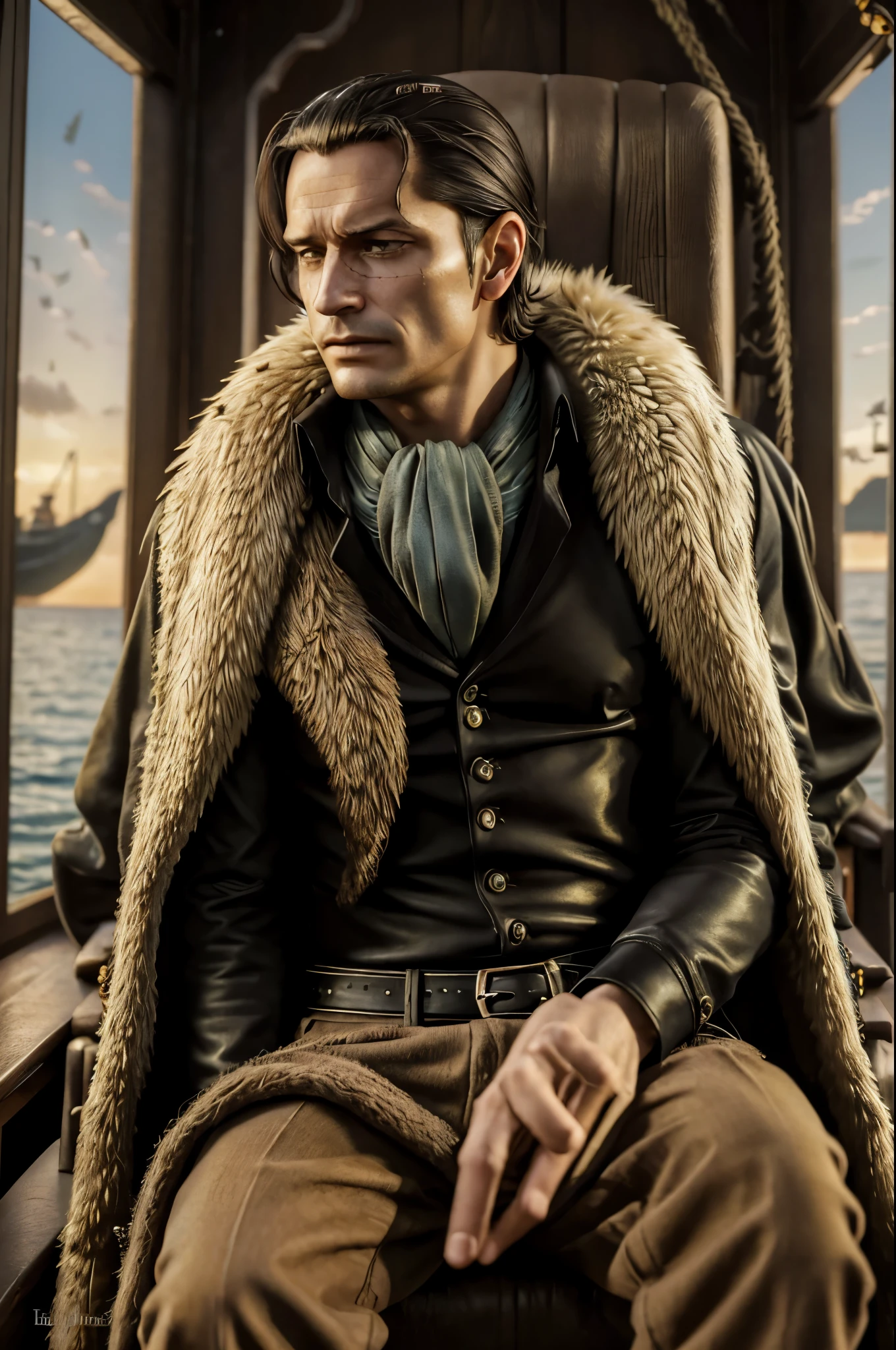 masterpiece, best quality, extremely detailed, hyperrealistic, photorealistic, a cool 40s man, ultra detailed face:1.2, fur-trimmed coat, scarf around the neck, his left hand is a golden pirate hook:1.1, sea:1.2, on battle ship, sitting, calm
