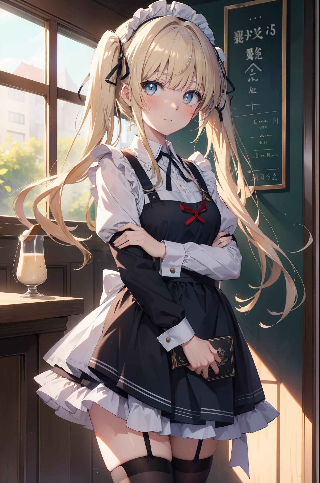 Eryllis Pencer, eriri sawamura spencer, blonde hair, blue eyes, dull bangs, hair ribbon, princess cut, long hair, twin tails,head dress,maid uniform, black mini skirt, white stockings,brown loafers,apron, looking at the viewer, clavicle, cute, smile, blush,open your mouth, Attract,He is holding a large amount of leaflets in both arms and passing them around.,,
break  outdoors, coffee shop,
break looking at viewer,
break (masterpiece:1.2), highest quality, High resolution, unity 8k wallpaper, (figure:0.8), (detailed and beautiful eyes:1.6), highly detailed face, perfect lighting, Very detailed CG, (perfect hands, perfect anatomy),