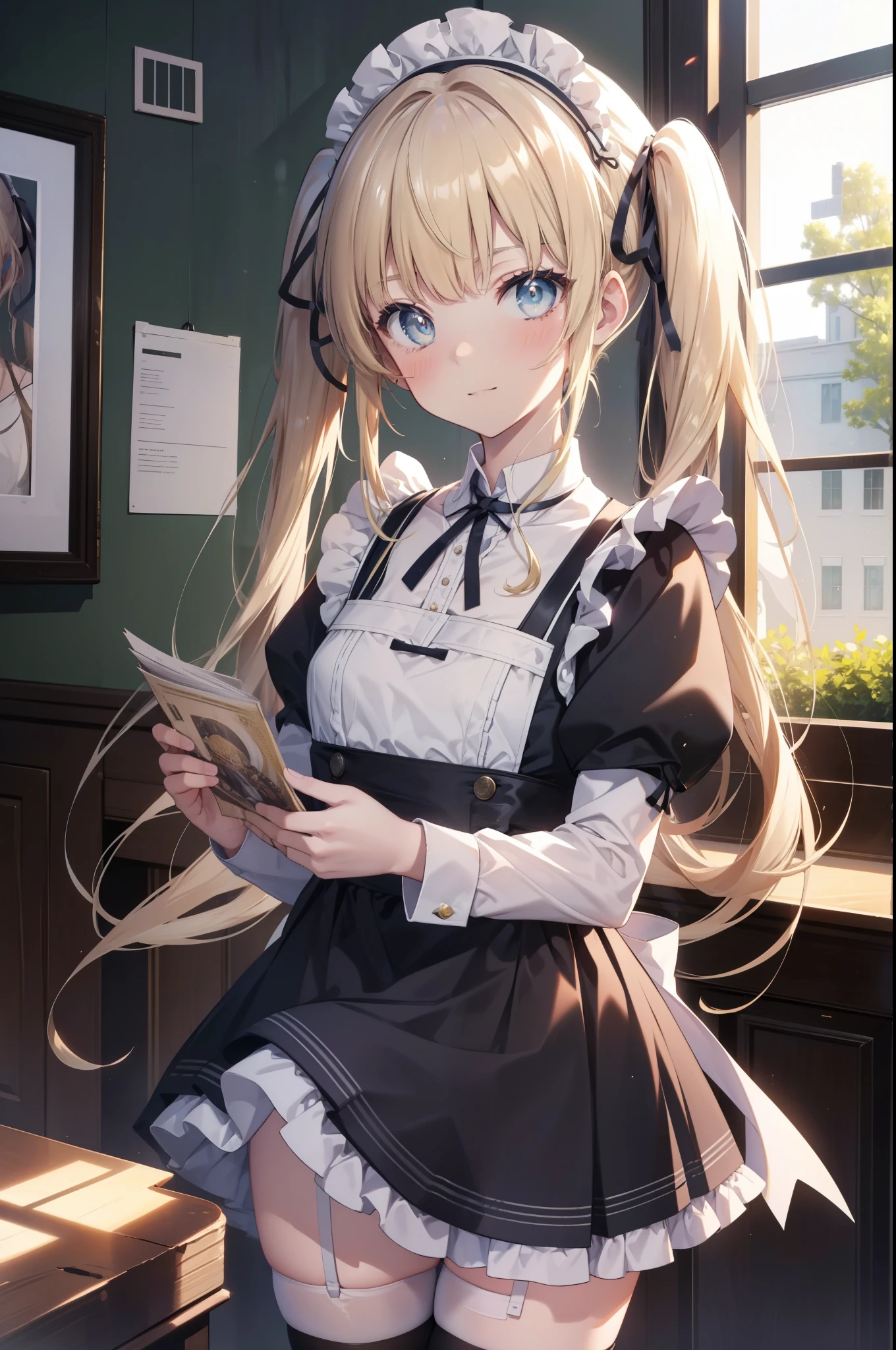 Eryllis Pencer, eriri sawamura spencer, blonde hair, blue eyes, dull bangs, hair ribbon, princess cut, long hair, twin tails,head dress,maid uniform, black mini skirt, white stockings,brown loafers,apron, looking at the viewer, clavicle, cute, smile, blush,open your mouth, Attract,He is holding a large amount of leaflets in both arms and passing them around.,,
break  outdoors, coffee shop,
break looking at viewer,
break (masterpiece:1.2), highest quality, High resolution, unity 8k wallpaper, (figure:0.8), (detailed and beautiful eyes:1.6), highly detailed face, perfect lighting, Very detailed CG, (perfect hands, perfect anatomy),