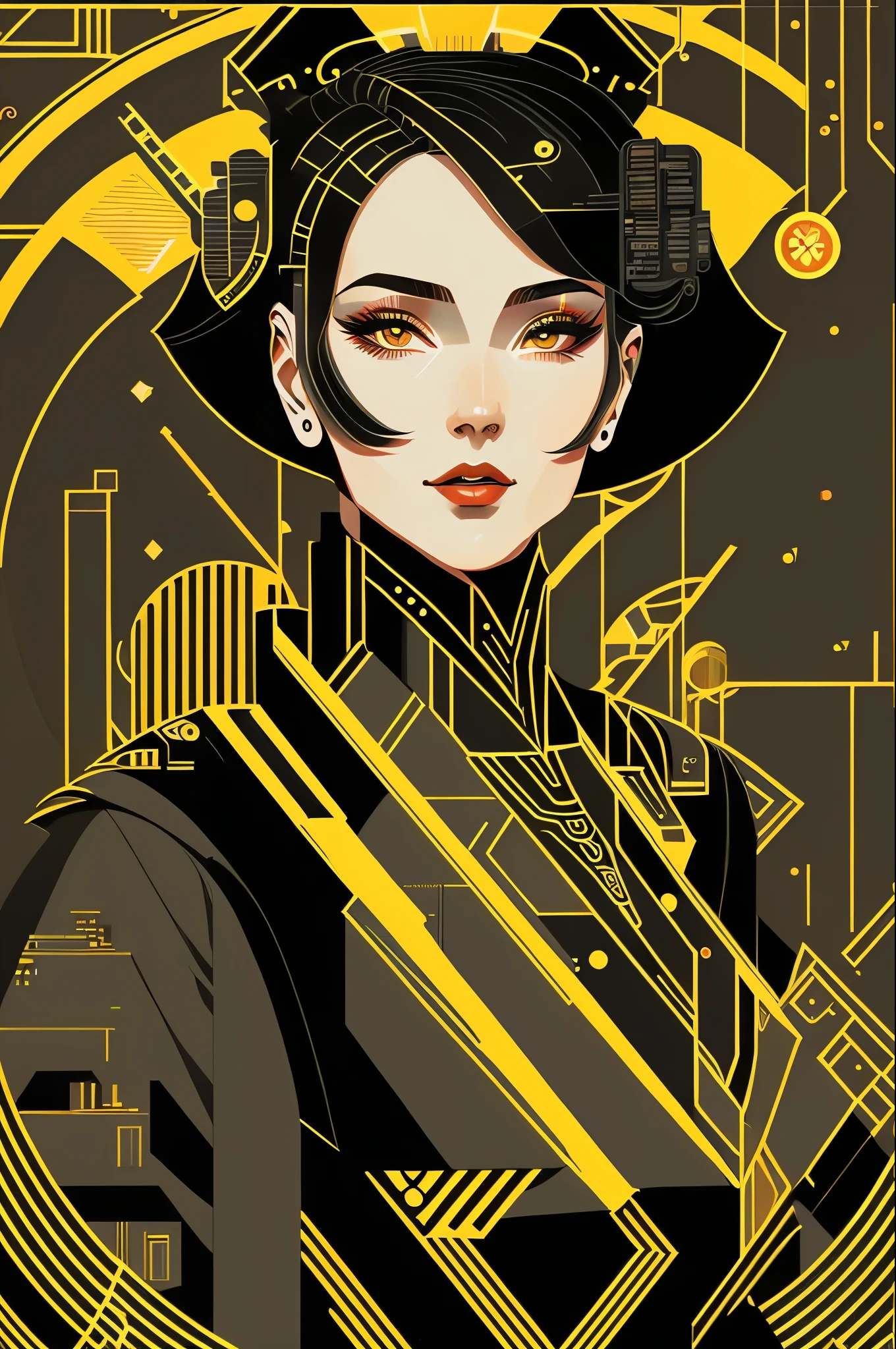 (masterpiece, 4k ,Super detailed,original photo:1.2),illustration,
(1 lady:1),
(simple background:black and background 1.4),
(symmetry:1.2),
(Art Deco:1.4),
(retrofuturism:1.4),
(Minimalism:1.4),
(Clean:1.4),
(flat_color:1.4),
(cyberpunk,Android:1.4),
CCDDA art style