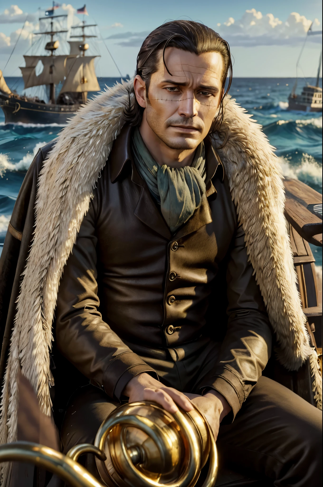 masterpiece, best quality, extremely detailed, hyperrealistic, photorealistic, a cool 40s man, ultra detailed face:1.2, fur-trimmed coat, scarf around the neck, his left hand is a golden pirate hook:1.1, sea:1.2, on battle ship, sitting, calm
