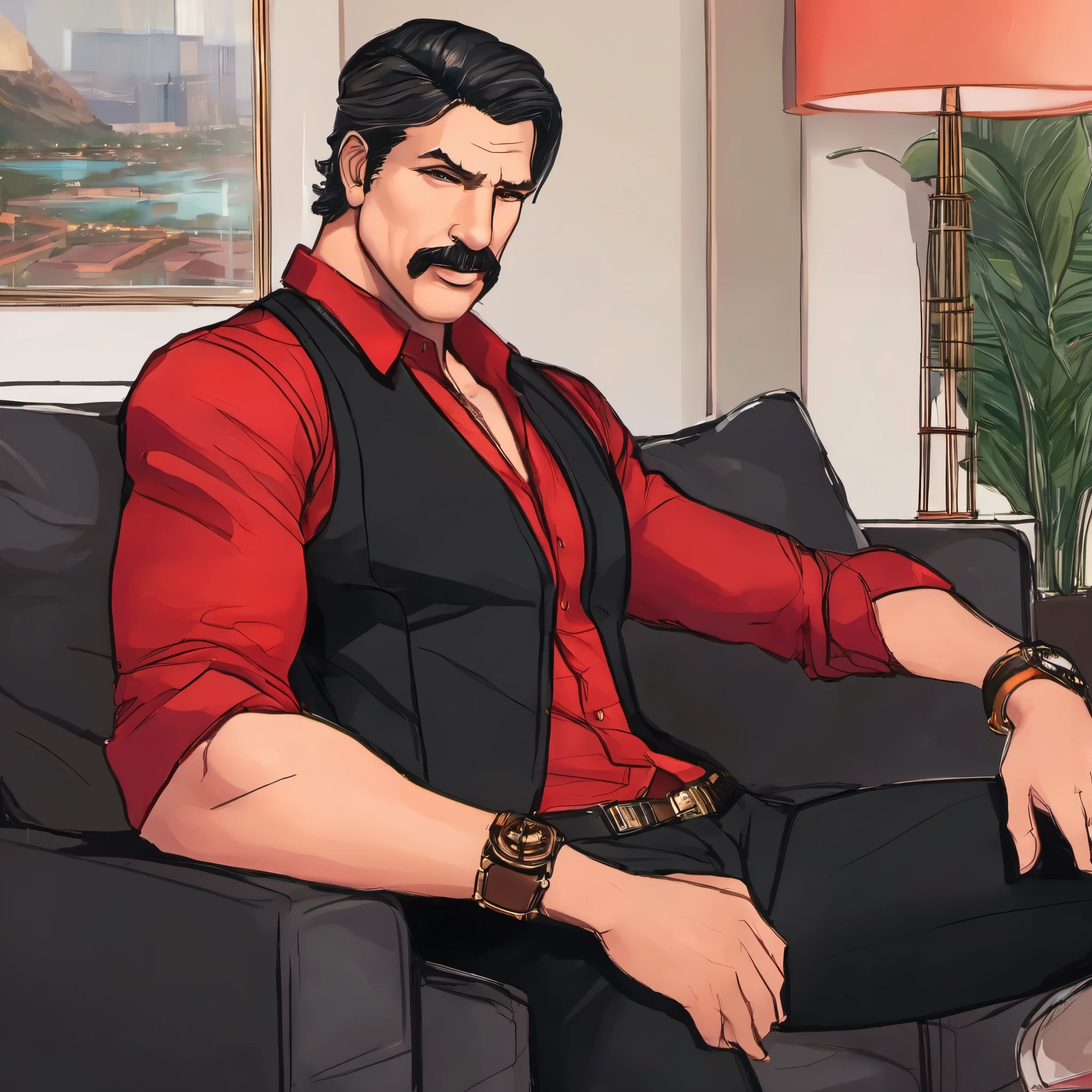 (obra maestra, Mejor calidad:1.2), 1 chico, solo, thenahualli, serious, dangerous man, elegant, black vest, red shirt, black pants, thick penis, uncut penis, showing thick penis, from front, sit, sit on sofa, in a luxury penthouse in Las Vegas, Las Vegas, nsfw, drawing, art