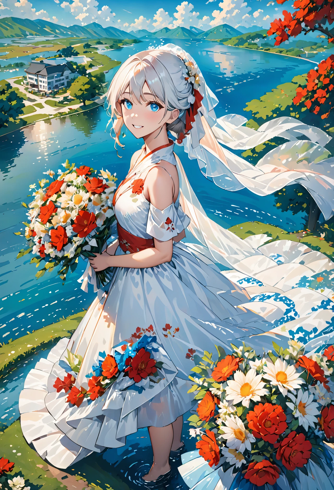 masterpiece,best quality,1girl,bare shoulders,white hair,veil,blue eyes,very long hair,grin,bouquet,day,dress,flower,holding,holding bouquet,lake,looking at viewer,nature,outdoors,red flower,rose,solo,standing,tree,water,water drop,waterfall,wet sky,cloudy sky,building,sun,