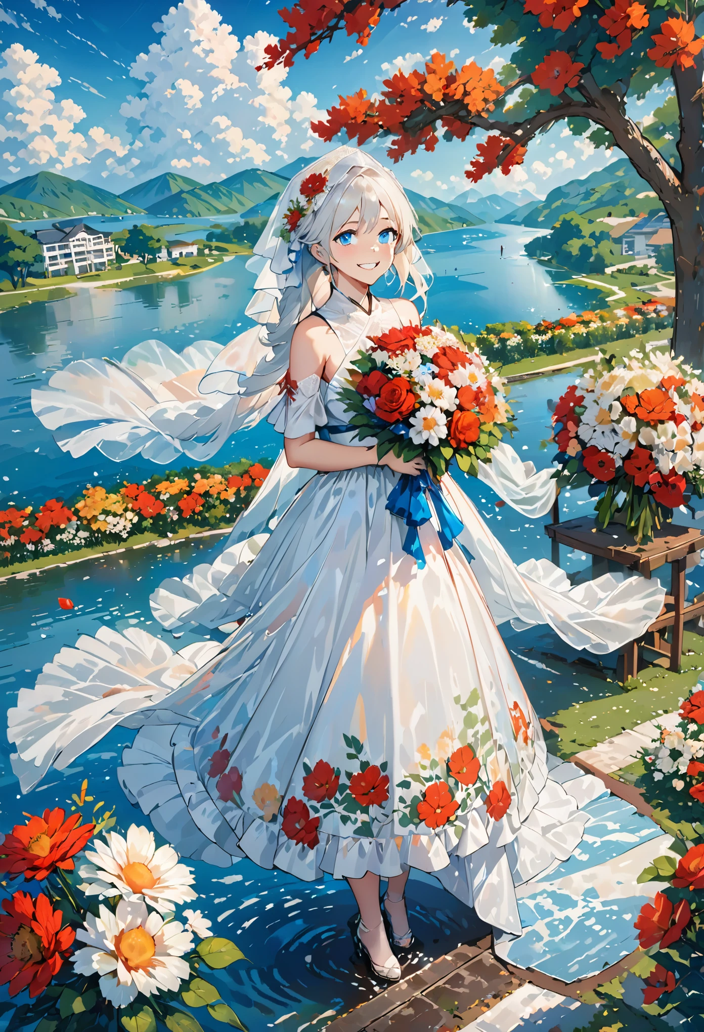 masterpiece,best quality,1girl,bare shoulders,white hair,veil,blue eyes,very long hair,grin,bouquet,day,dress,flower,holding,holding bouquet,lake,looking at viewer,nature,outdoors,red flower,rose,solo,standing,tree,water,water drop,waterfall,wet sky,cloudy sky,building,sun,