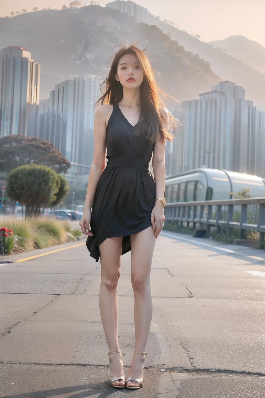 ((best quality)), ((masterpiece)), (detailed), perfect face, portraits, hot girl, beauty girl, 50mm, nikon, girl in mountain,blonde, long hair, gold hair, full body, hong kong view