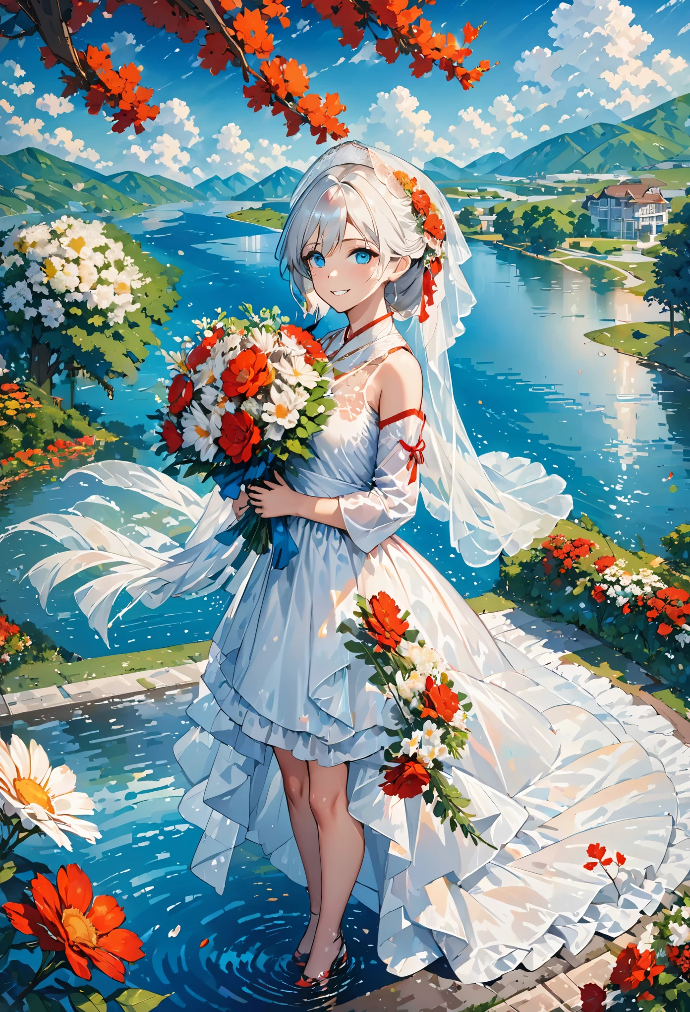 masterpiece,best quality,1girl,bare shoulders,white hair,veil,blue eyes,very long hair,grin,bouquet,day,dress,flower,holding,holding bouquet,lake,looking at viewer,nature,outdoors,red flower,rose,solo,standing,tree,water,water drop,waterfall,wet sky,cloudy sky,building,sun,
