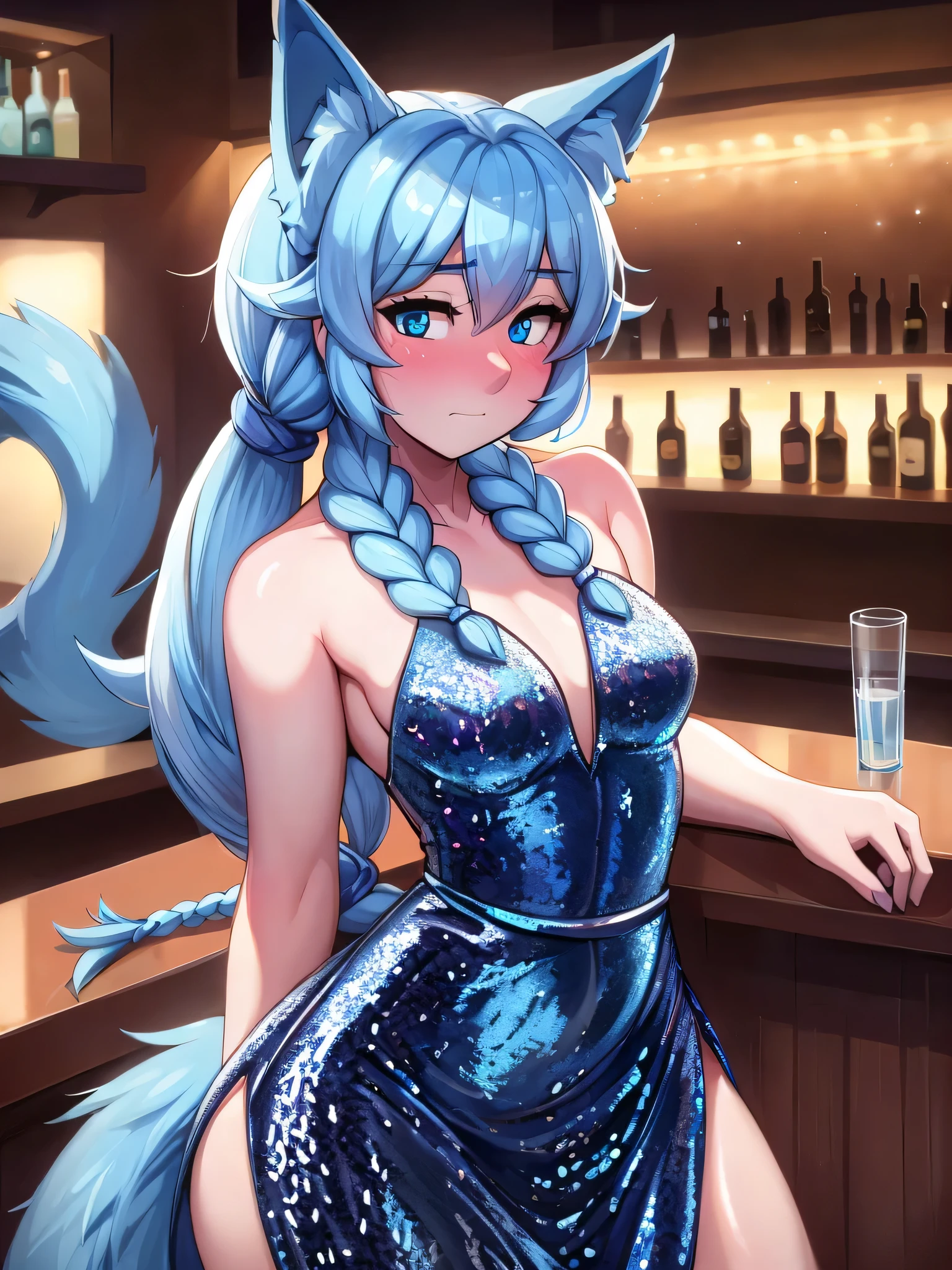 (Masterpiece) (High Detail) (High Res) A close up of a Short Humanoid Girl with pale skin and blue eyes and long blue hair up in a thick braid and blue dog ears and a fluffy blue dog tail and medium breasts. She is wearing a long shiny sparkling sequin dress and is stood on her own against a bar. She looks shy. 