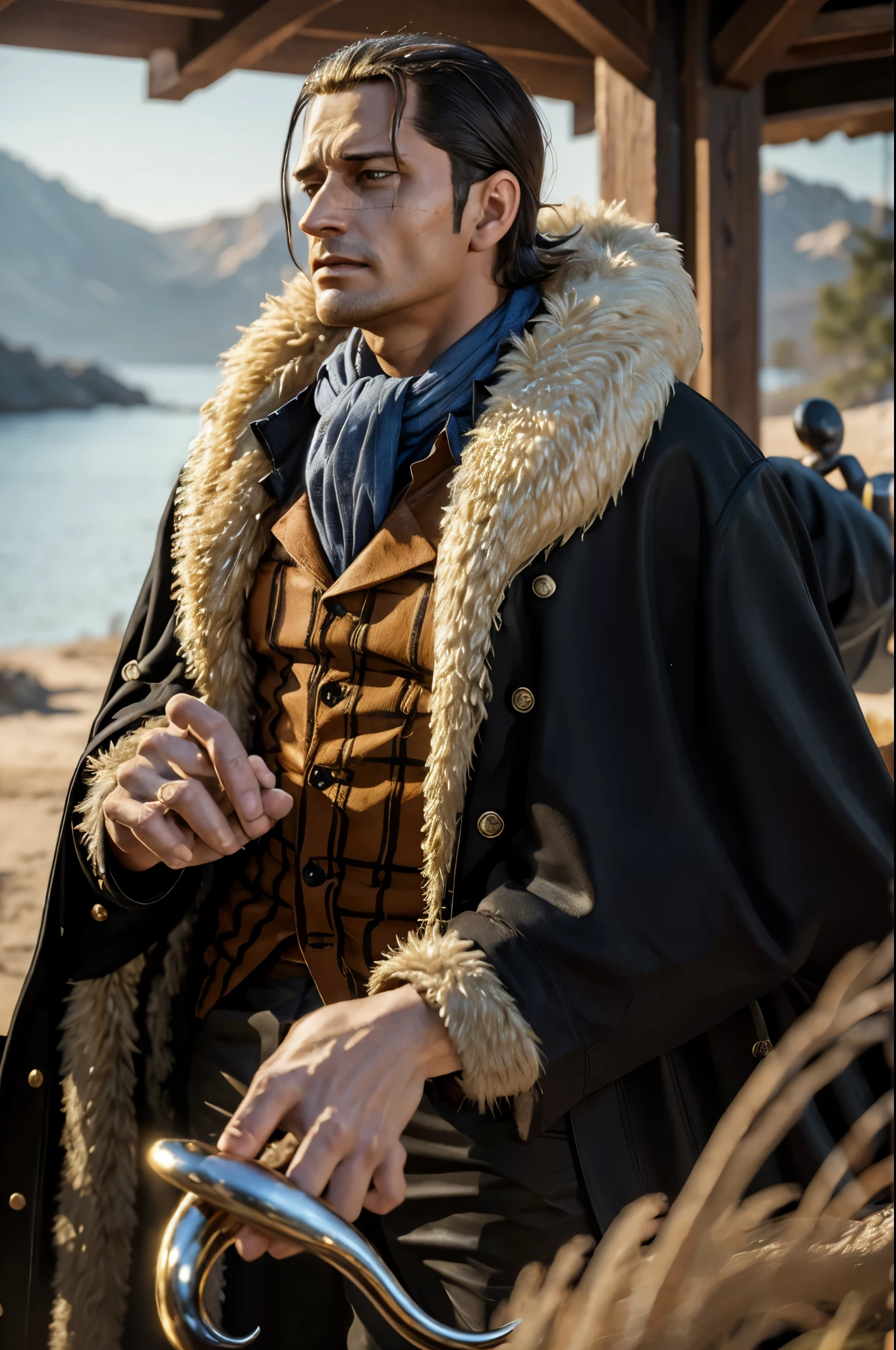 masterpiece, best quality, extremely detailed, hyperrealistic, photorealistic, a cool 40s man, ultra detailed face:1.1, fur-trimmed coat, scarf around the neck, his left hand is a golden pirate hook:1.1, reaching out a hand in here:1.3
