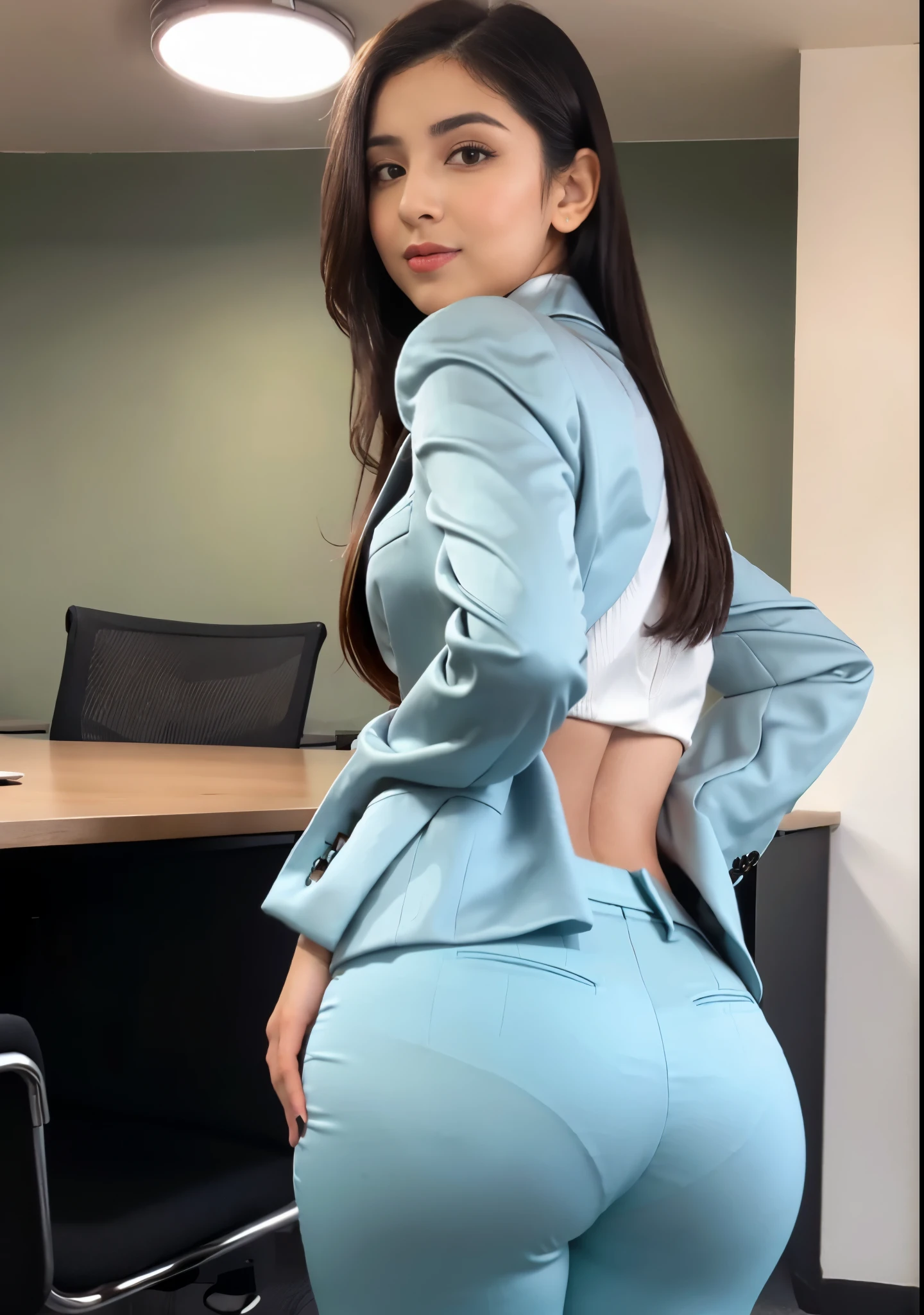 Close-up of a woman in a formal office suit posing for a photo, sexy girl, good young girl, beautiful arabic girl, arabic goddess, arabic girl, Middle East Asian Girls, hot with the shining sun, reluvy5213, tits, young and cute girl, very beautiful girl, 22 years ago, Lovely lady, amazing beauty, arabian sexy girl, blazer, white shirt, formal pants, booty, pants, satin pants,((pastel blue satin pants, dark blue blazer, white shirt under blazer)), ass on camera, Showing rear view,((wide hips, protruding butt)),