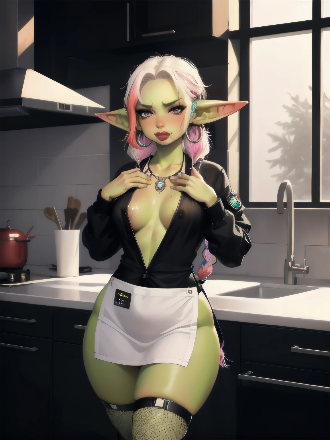 goblin girl, (long multicoloured braided hair), pink eyes,colored skin, red skin, flat chest with protruding dark nipples and (dark areolas),smug, (embarrassed lip biting expression),ring earrings,(wearing stacked Ruby Jewel necklace),indoor modern kitchen with sunlight shining through,cowboy shot,hand on own chest,apron, small breasts, punk, wearing techwear, plump thighs,wearing fishnet stockings, tattoos on chest and legs,