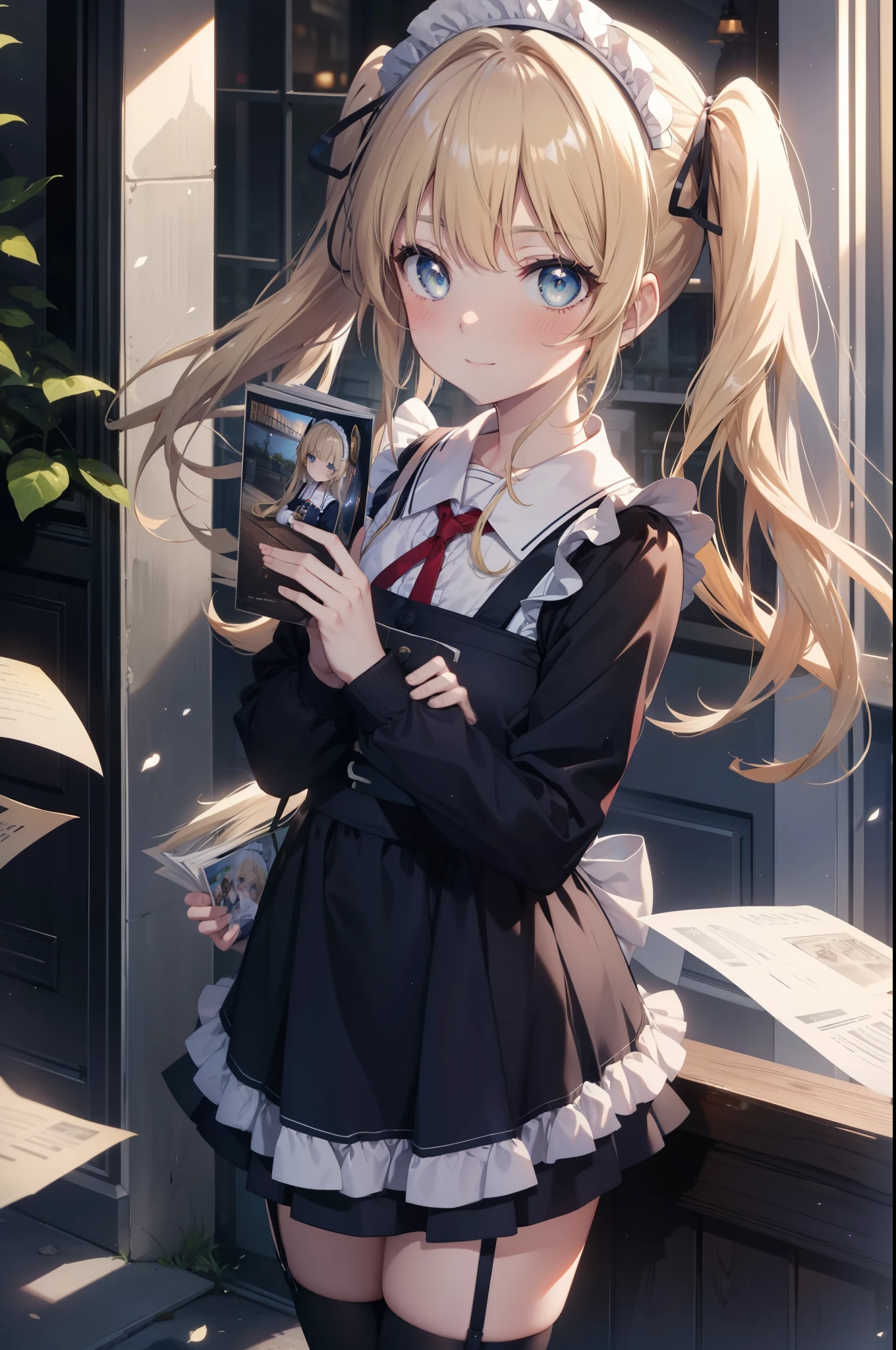 Eryllis Pencer, eriri sawamura spencer, blonde hair, blue eyes, dull bangs, hair ribbon, princess cut, long hair, twin tails,head dress,maid uniform, black mini skirt, white stockings,brown loafers,apron, looking at the viewer, clavicle, cute, smile, blush,open your mouth, Attract,He is holding a large amount of leaflets in both arms and passing them around.,,
break  outdoors, In town,building street,
break looking at viewer,
break (masterpiece:1.2), highest quality, High resolution, unity 8k wallpaper, (figure:0.8), (detailed and beautiful eyes:1.6), highly detailed face, perfect lighting, Very detailed CG, (perfect hands, perfect anatomy),