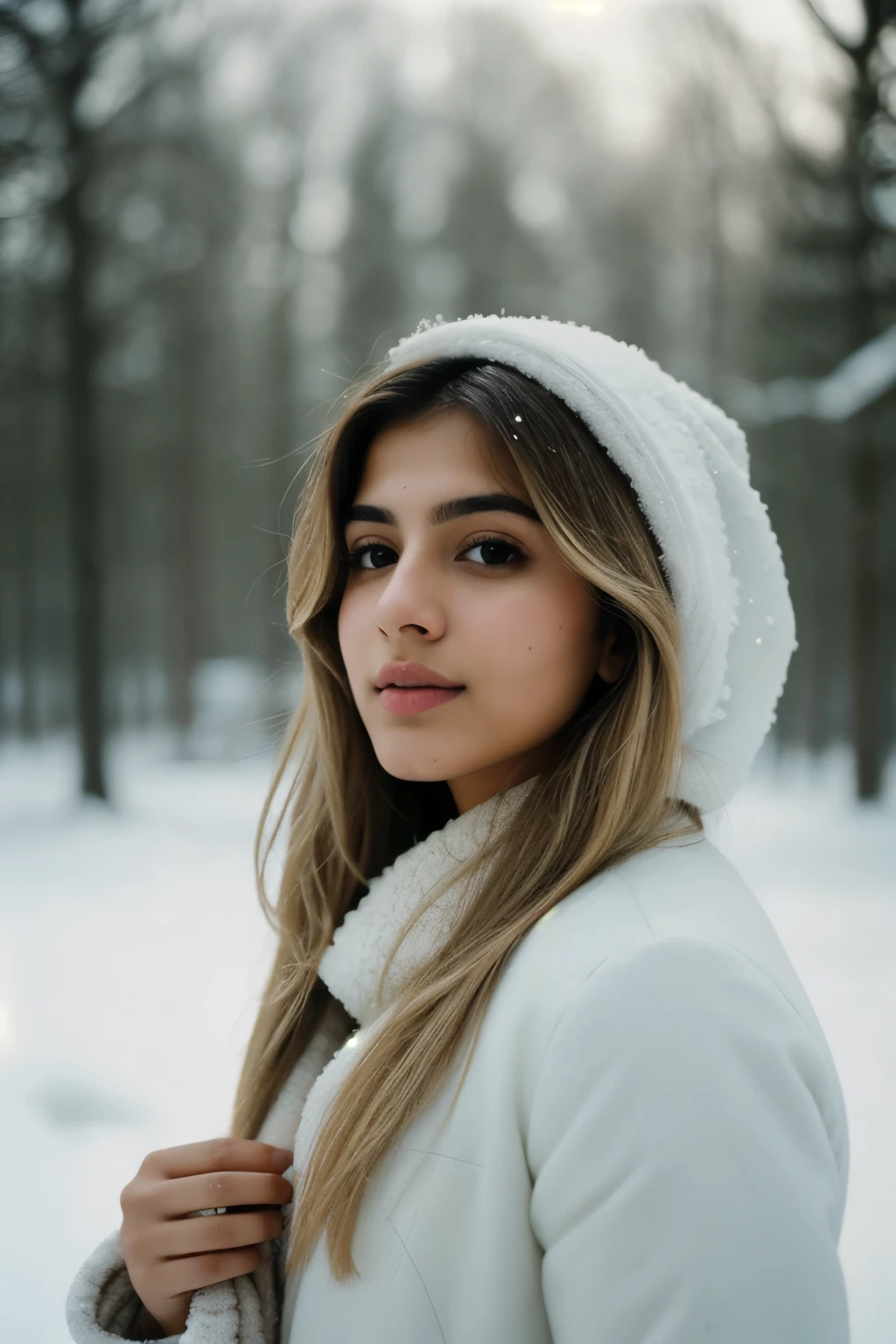 analog raw candid photo of a beautiful young Pakistani woman, realistic skin texture, dirty blonde hair, slim, (closed mouth:1.1), erotic, relaxed, haze lighting, winter, snow, 35mm, white color skin, sharp nose