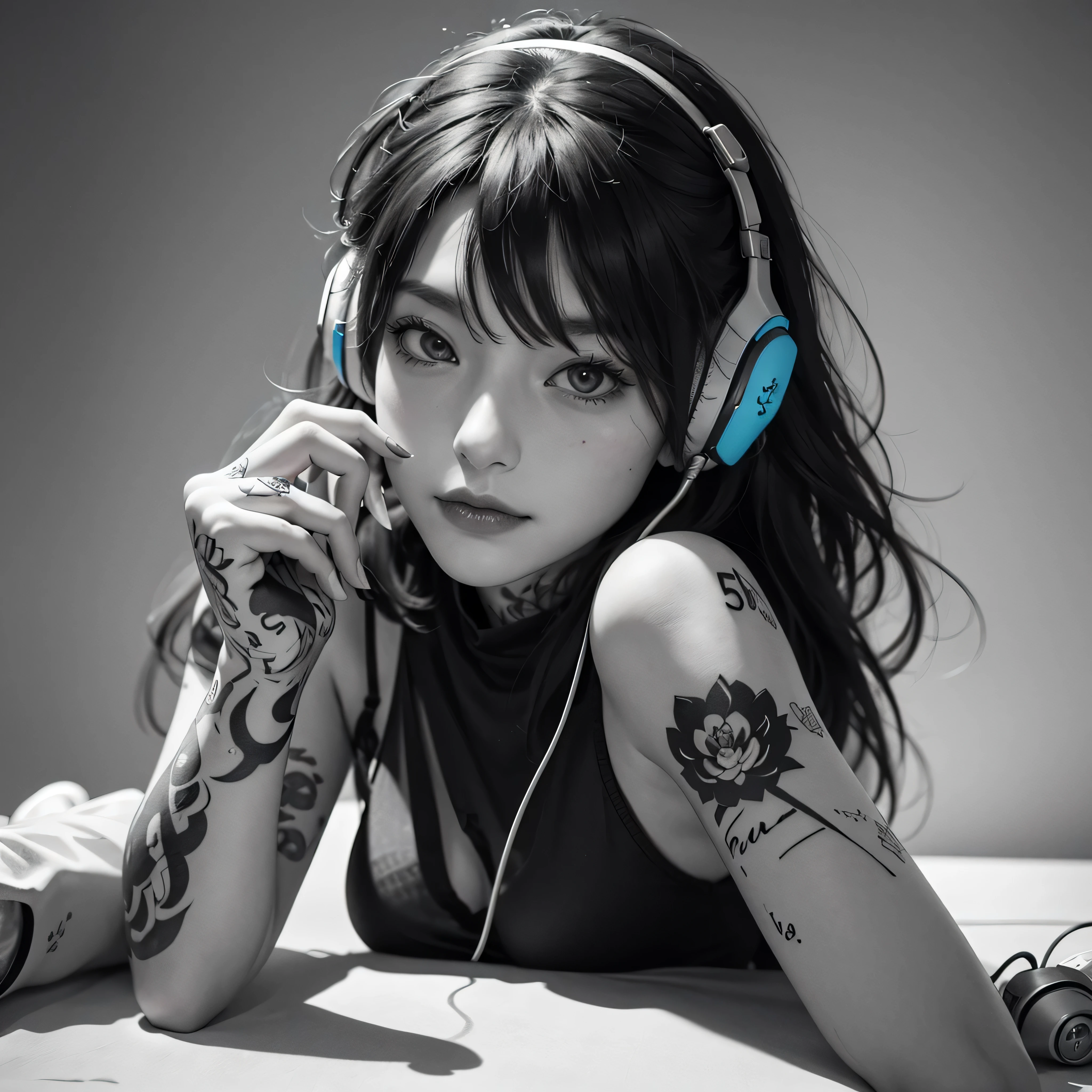 monochrome photography、best image quality、RAW development、tattoo、bright background、whole body、1 girl、Bigger headphones、tattoo on feet、feet