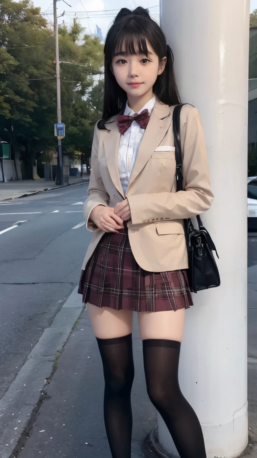 (masterpiece、8K、pieces fly、Raw photo:1.4)、High resolution、((located far away from people))、((Full body photo from face to toes))、big eyes and small face、height: 155cm、beautiful japanese girl、Smiling beautiful girl's smile、facing the front、stand with both feet together、because I'thin、stand up with good posture、Residential area in the morning、realistic、 high school girl、bus stas waiting alone、、slender and delicate body、small breasts、Blazer Uniform、Girls' school uniform with red lines、plaid skirt、healthy young teenage woman、black knee high socks、brown loafers leather shoes、wear loafers、please keep your feet on the ground、full body shot、full body shot、Rose twin tail details、とてもthin脚のラインを強調します