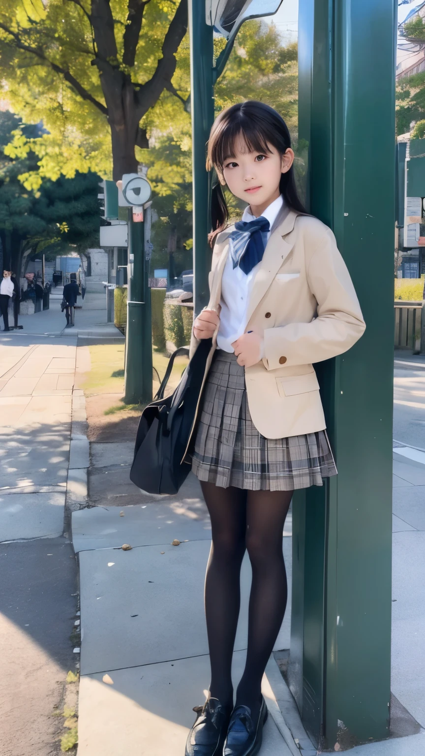 (masterpiece、8K、pieces fly、Raw photo:1.4)、High resolution、((located far away from people))、((Full body photo from face to toes))、big eyes and small face、height: 155cm、beautiful japanese girl、Smiling beautiful girl&#39;s smile、facing the front、stand with both feet together、because I&#39;thin、stand up with good posture、Residential area in the morning、realistic、14 year old junior high school girl、bus stop、I was waiting alone、hang your school bag on your shoulder、、slender and delicate body、small breasts、Green Blazer Uniform、girls school uniform、plaid skirt、healthy young teenage woman、black tights、black tights、black knee high socks、brown loafers leather shoes、wear loafers、please keep your feet on the ground、full body shot、full body shot、Neat hairstyle details、とてもthin脚のラインを強調します