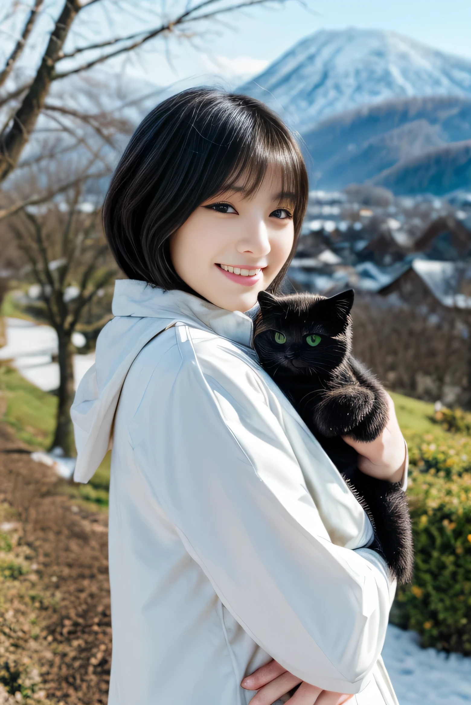 Masterpiece, 4k, best quality, Beautiful Japanese woman holding all black kitten (((one month old black cat))), 1 girl, 23 years old,, detailed description, (white down jacket: 1. 1), bob cut,green ash hair, landscape with lingering snow in early spring, depth of field, top angle, smiling, background of hill scenery in Biei town.