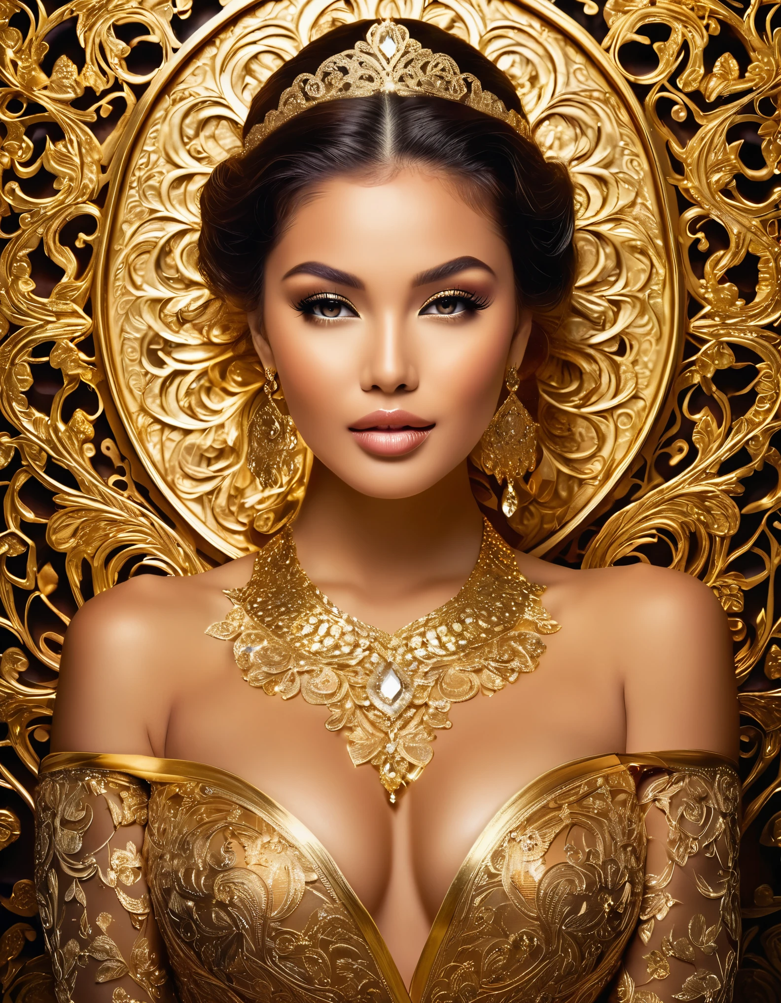 A glamorous woman with a sultry look and a touch of sparkle on her cheek, surrounded by ornate golden filigree designs.