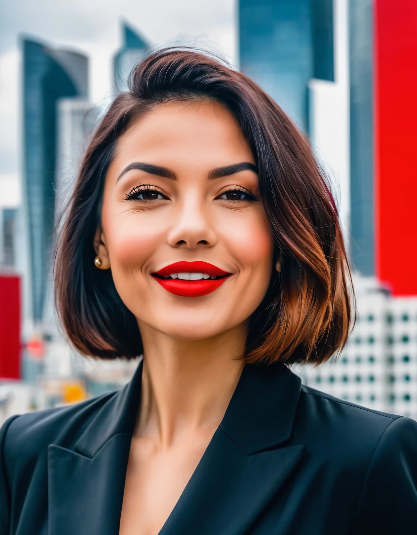 A captivating woman with a mischievous grin and a bold red lip, posed against a modern, geometric cityscape backdrop.