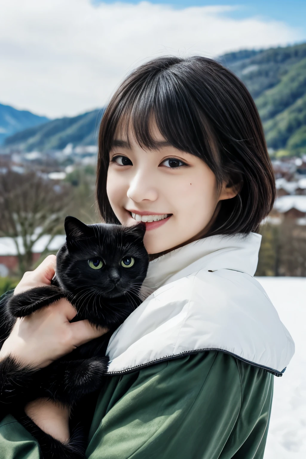 Masterpiece, 4k, best quality, Beautiful Japanese woman holding all black kitten (((one month old black cat))), 1 girl, 23 years old,, detailed description, (white down jacket: 1. 1), bob cut,green ash hair, landscape with lingering snow in early spring, depth of field, top angle, smiling, background of hill scenery in Biei town.