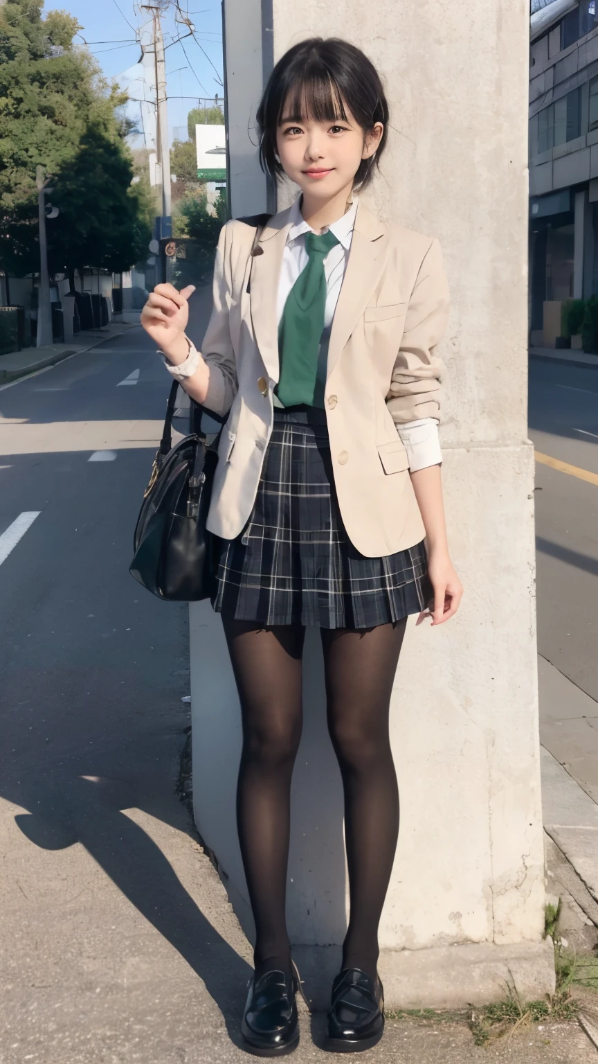 (masterpiece、8K、pieces fly、Raw photo:1.4)、High resolution、((located far away from people))、((Full body photo from face to toes))、big eyes and small face、low length、young、beautiful japanese girl、Smiling beautiful girl's smile、upper teeth、、natural makeup、facing the front、stand with both feet together、thin、stand up with good posture、Residential area in the morning、realistic、14 year oigh school girl、bus stop、I was waiting alone、hang your school bag on your shoulder、、slender and delicate body、small breasts、Green Blazer Uniform、girls school uniform、plaid skirt、healthy young teenage woman、black tights、black tights、black knee high socks、brown loafers leather shoes、wear loafers、please keep your feet on the ground、full body shot、full body shot、Neat short hairstyle details、とてもthin脚のラインを強調します