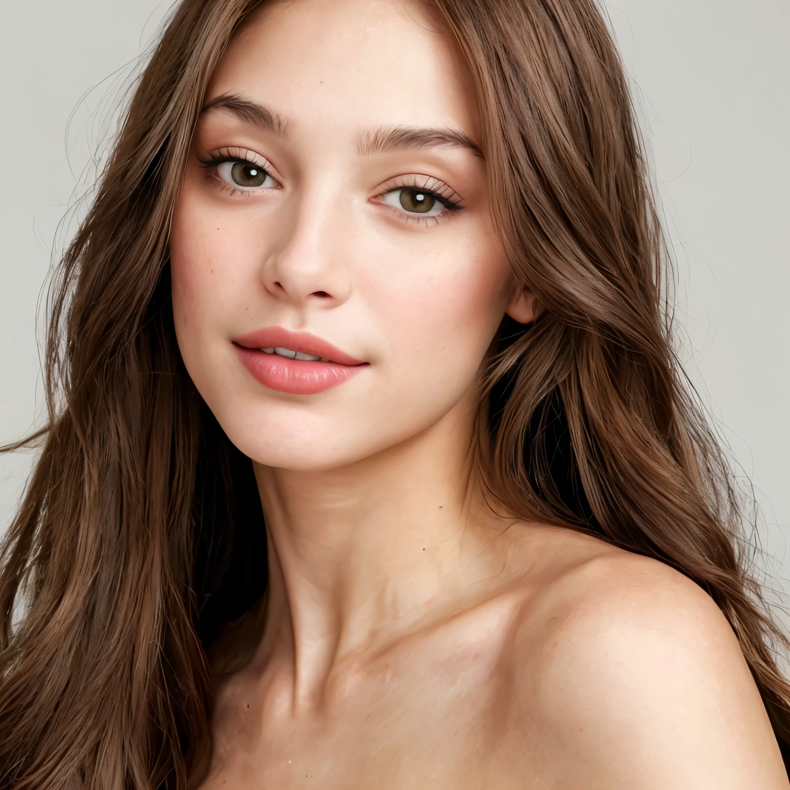 A close up of a woman with long brown hair cascading down her shoulders, her wlope glossy skin reflecting the soft light around her. Her realistic, beautiful face was adorned with a subtle pink lipstick, enhancing her natural beauty. Her detailed, realistic eyes were deep-set and expressive, adding to the intricacy of her face. As she gazed at the viewer, her detailed and realistic eyebrows lifted slightly, revealing the slightest hint of a smile. Her hyperrealistic spotted complexion showcased every detail, from her skin pores to the fine lines around her eyes, emphasizing the authenticity of her portrait. The single, realistic face was a masterpiece,