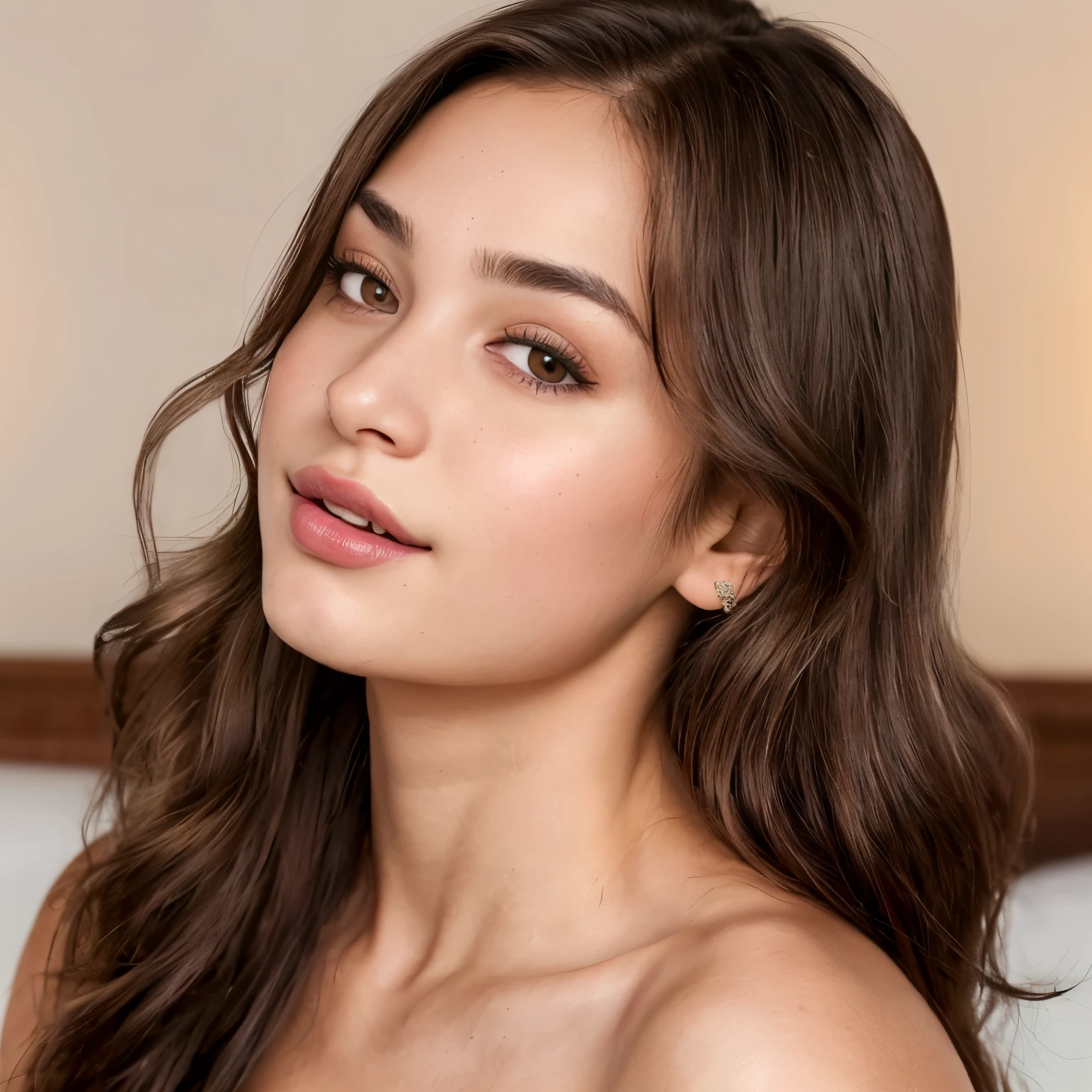 A close up of a woman with long brown hair cascading down her shoulders, her wlope glossy skin reflecting the soft light around her. Her realistic, beautiful face was adorned with a subtle pink lipstick, enhancing her natural beauty. Her detailed, realistic eyes were deep-set and expressive, adding to the intricacy of her face. As she gazed at the viewer, her detailed and realistic eyebrows lifted slightly, revealing the slightest hint of a smile. Her hyperrealistic spotted complexion showcased every detail, from her skin pores to the fine lines around her eyes, emphasizing the authenticity of her portrait. The single, realistic face was a masterpiece,