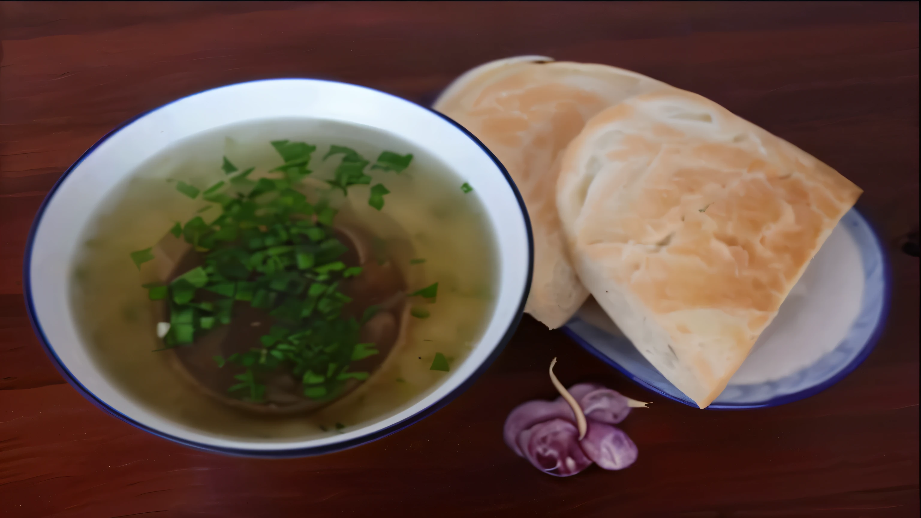 there is a bowl of Soup with a piece of bread next to it, Soup, salmon kosher, Inspired by Gaisa Doza, Masamitsu Ota, Daouasset, Daouasset, Inspired by Bouchta El Hayani, Adim Kassin, author:Daniel Lisk, good Soup
