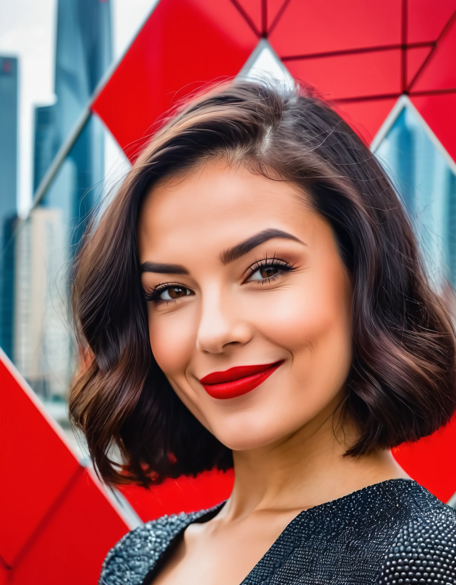 A captivating woman with a mischievous grin and a bold red lip, posed against a modern, geometric cityscape backdrop.