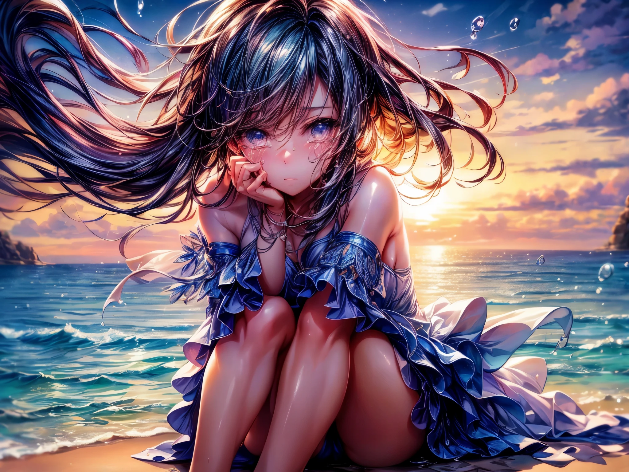 A crying girl with big tear drops on her face is sitting on the beach, hugging her knees tightly. Her eyes are filled with sadness as she sheds tears, reflecting the sunset colors on the horizon. The sand beneath her is soft and warm, creating a contrast to her melancholic emotions. The sound of crashing waves can be heard in the background, adding a sense of serenity to the scene.
The image quality is of the highest standard, capturing every detail in 4K resolution. The lighting is soft and natural, casting gentle shadows on the girl's face and her surroundings. The colors are vivid, emphasizing the warm tones of the setting sun and the cool hues of the ocean waves.
It is a digital painting, combining elements of realism and photorealism. The artist has paid attention to every intricate detail, from the girl's tears glistening in the light to the delicate texture of the sand. This masterpiece conveys a sense of raw emotion and vulnerability, making it a powerful and thought-provoking artwork.
The overall color palette is dominated by warm tones, with the golden hues of the sunset casting a warm glow over the scene. The lighting captures the softness of the evening sun, creating a tranquil and peaceful atmosphere.
The prompt can be summarized as follows:
(crying girl,hugging knees,big tear drops,sadness),beach,(best quality,4k,highres,masterpiece:1.2),realistic,photorealistic,portrait,emotional,warm tones,soft lighting