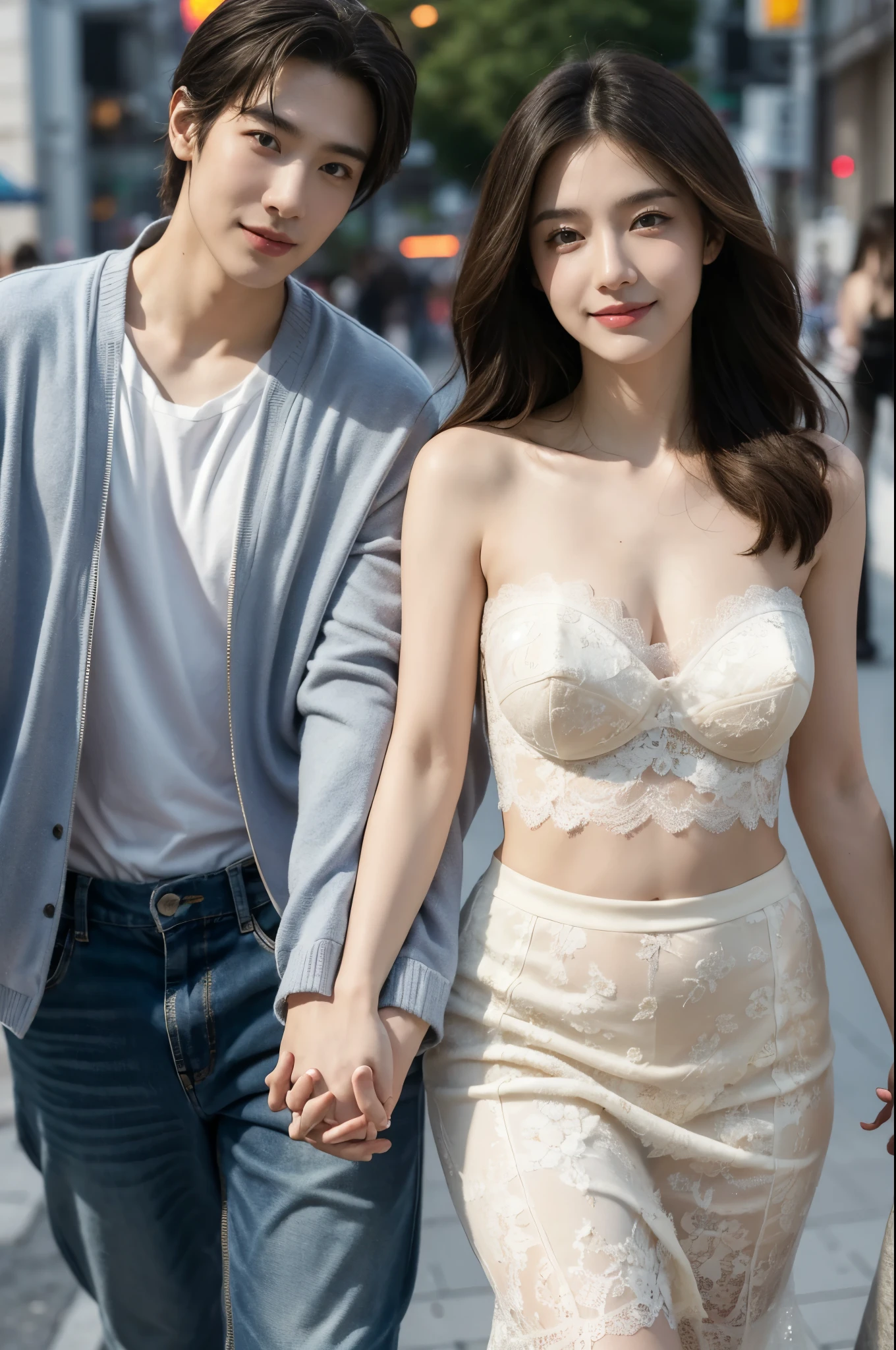 highest quality、8K、best image quality、professional lighting、Beautiful woman、thin eyebrows。precision wool、beautiful and delicate skin、no makeup、thin、pretty girl、fiery idol pose、white skin、big and full breasts、very short hair、Exquisite appearance、wearing white bra、I'm wearing white panties、Muscular handsome man with short hair、Loving couple、man lying on the grass in the park、Woman riding man、woman attacking man、Couple of men and women hugging each other、Cowgirl、detailed background、Full body Esbian