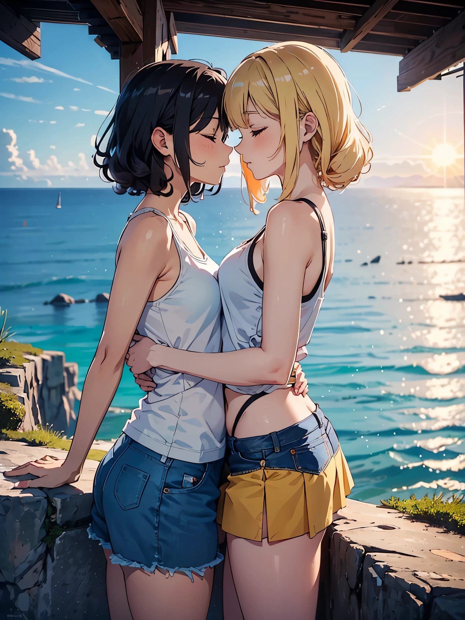 two anime girls kissing, both closed eyes Location: A viewpoint atop a cliff by the sea on a summer morning. Climate: The sun shines brightly in the clear sky, while a soft sea breeze cools the atmosphere. Atmosphere: The sound of the waves crashing against the rocks below creates a relaxing melody. The aroma of salt and algae mixes with the freshness of the sea air. Schedule: Early morning, with the sun emerging over the horizon. Ethnicities of the couples: A multiracial couple, one with curly hair and dark skin, the other with blonde hair and light skin. Clothing details: Girl 1 is wearing a tank top and denim shorts, while Girl 2 is wearing a white top and a brightly colored long skirt. Background of the place: A viewpoint with wooden railings, overlooking a deep blue sea and steep cliffs.