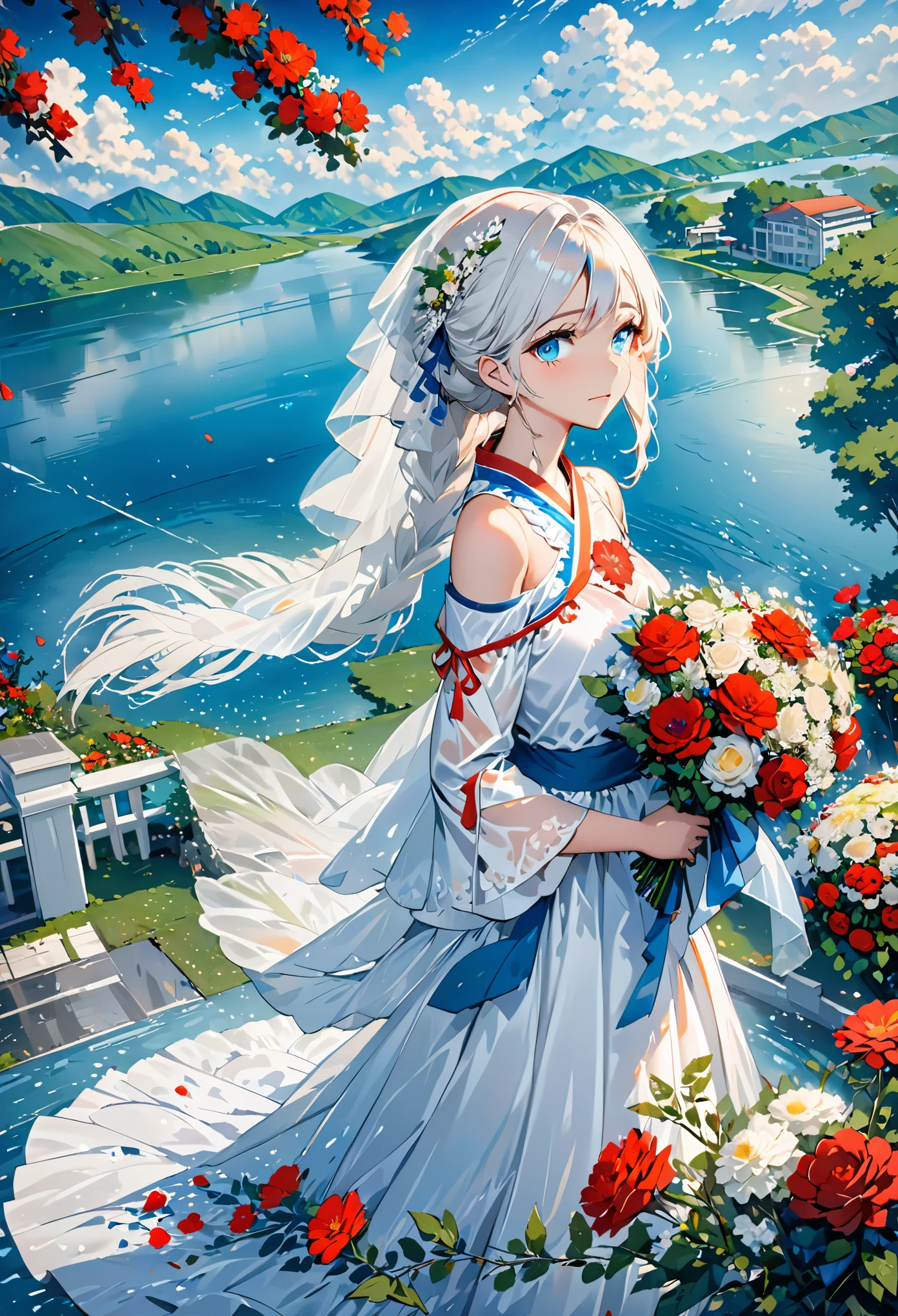 masterpiece,best quality,1girl,bare shoulders,white hair,veil,blue eyes,very long hair,crying,bouquet,cloudy,dress,flower,holding,holding bouquet,lake,looking at viewer,nature ,outdoor,red flower,rose,solo,standing,tree,water,drops,waterfall,moist sky,cloudy sky,building,raining