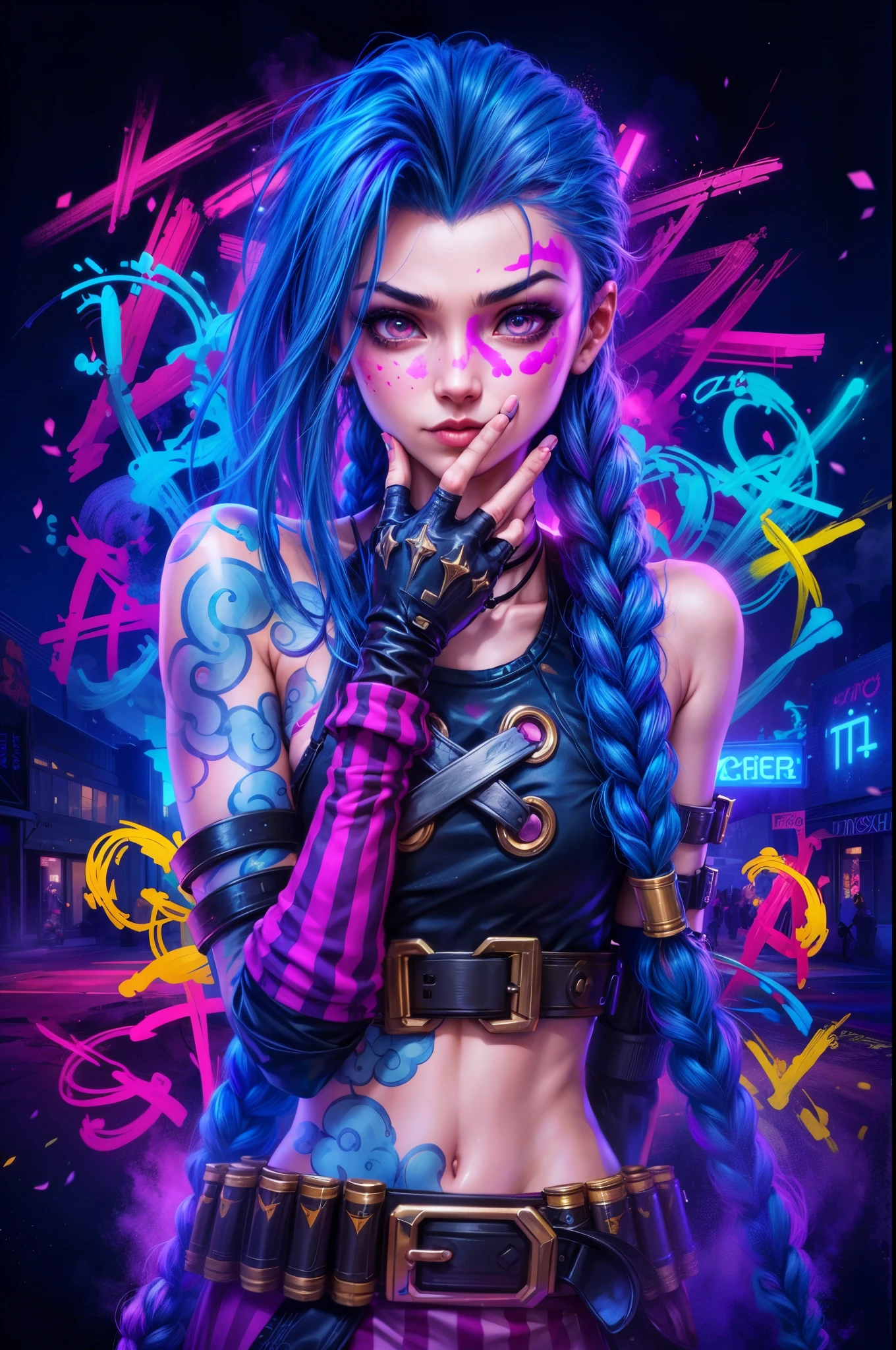 a close up of a person with blue hair and tattoos, portrait of jinx from arcane, arcane jinx, jinx from arcane, jinx from league of legends, rossdraws cartoon vibrant, inspired by rossdraws, epic digital art illustration, fantastic artstyle, cyberpunk art style, rossdraws pastel vibrant, rossdraws 2. 0, deviantart artstation cgscosiety