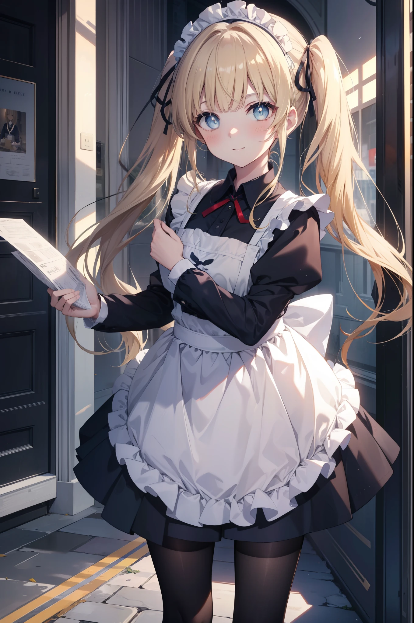 Eryllis Pencer, eriri sawamura spencer, blonde hair, blue eyes, dull bangs, hair ribbon, princess cut, long hair, twin tails,head dress,maid uniform, black mini skirt, white stockings,brown loafers,apron, looking at the viewer, clavicle, cute, smile, blush,open your mouth, Attract,He is holding a large amount of leaflets in both arms and passing them around.,,
break  outdoors, In town,building street,
break looking at viewer,
break (masterpiece:1.2), highest quality, High resolution, unity 8k wallpaper, (figure:0.8), (detailed and beautiful eyes:1.6), highly detailed face, perfect lighting, Very detailed CG, (perfect hands, perfect anatomy),