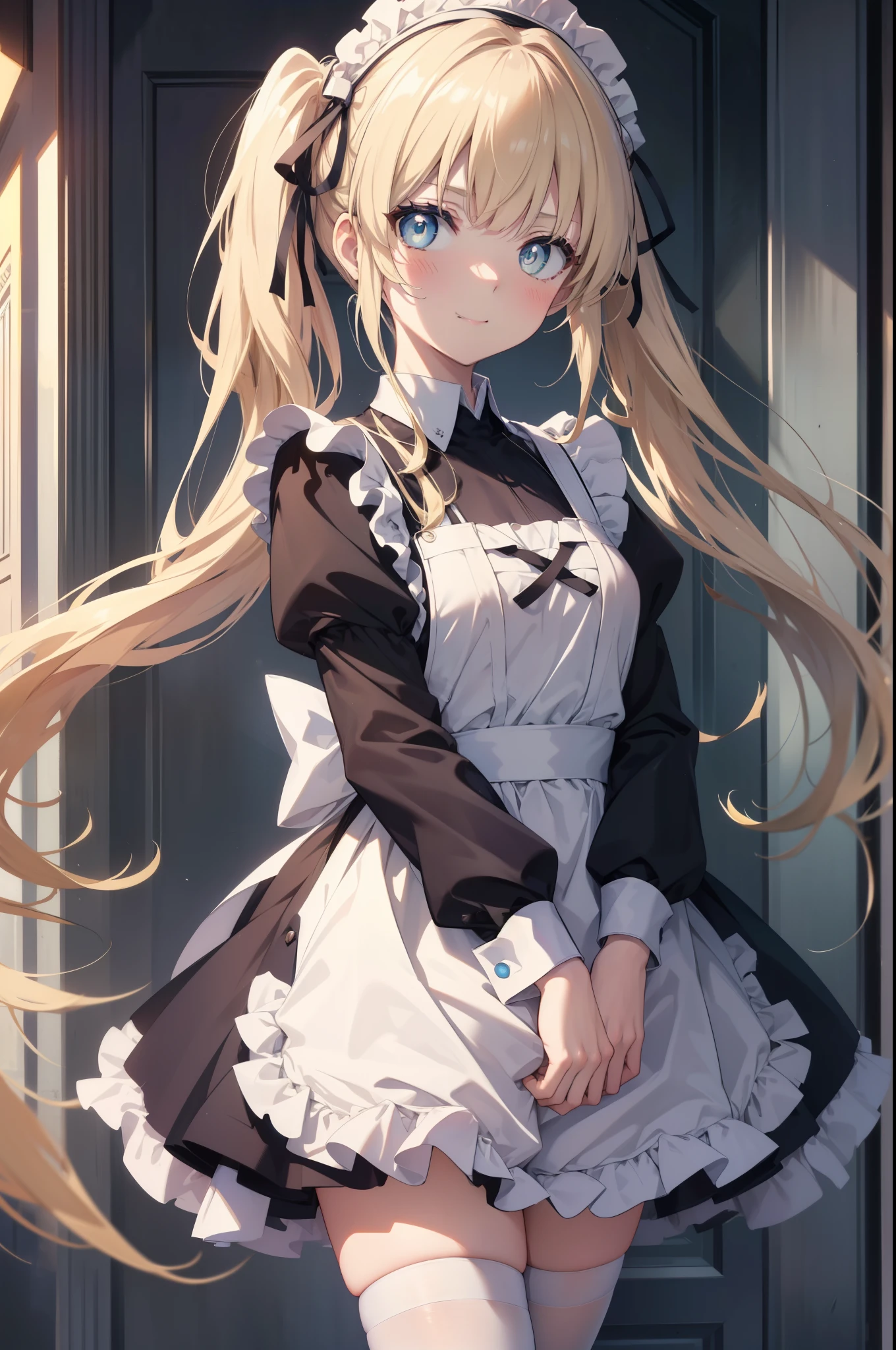 Eryllis Pencer, eriri sawamura spencer, blonde hair, blue eyes, dull bangs, hair ribbon, princess cut, long hair, twin tails,head dress,maid uniform, black mini skirt, white stockings,brown loafers,apron, looking at the viewer, clavicle, cute, smile, blush,open your mouth, Attract,He is holding a large amount of leaflets in both arms and passing them around.,,
break  outdoors, In town,building street,
break looking at viewer,
break (masterpiece:1.2), highest quality, High resolution, unity 8k wallpaper, (figure:0.8), (detailed and beautiful eyes:1.6), highly detailed face, perfect lighting, Very detailed CG, (perfect hands, perfect anatomy),