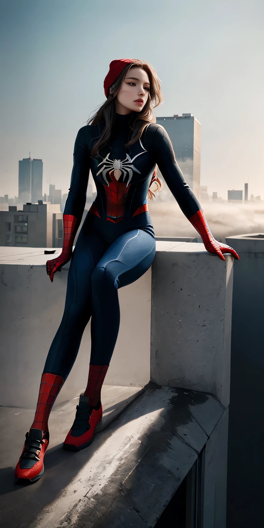 (1girl:1.3), Solo, (((Very detailed face)))), ((Very detailed eyes and face)))), Beautiful detail eyes, Body parts__, Official art, Unified 8k wallpaper, Super detailed, beautiful and beautiful, beautiful, masterpiece, best quality, original, masterpiece, super fine photo, best quality, super high resolution, realistic realism, sunlight, full body portrait, amazing beauty, dynamic pose, delicate face, vibrant eyes, (from the front), She wears Spider-Man suit, red and black color scheme, spider, very detailed city roof background, rooftop, overlooking the city, detailed face, detailed complex busy background, messy, gorgeous, milky white, highly detailed skin, realistic skin details, visible pores, clear focus, volumetric fog, 8k uhd, DSLR, high quality, film grain, fair skin, photo realism, lomography, futuristic dystopian megalopolis, translucent, very very long long hair rapunzel, full body