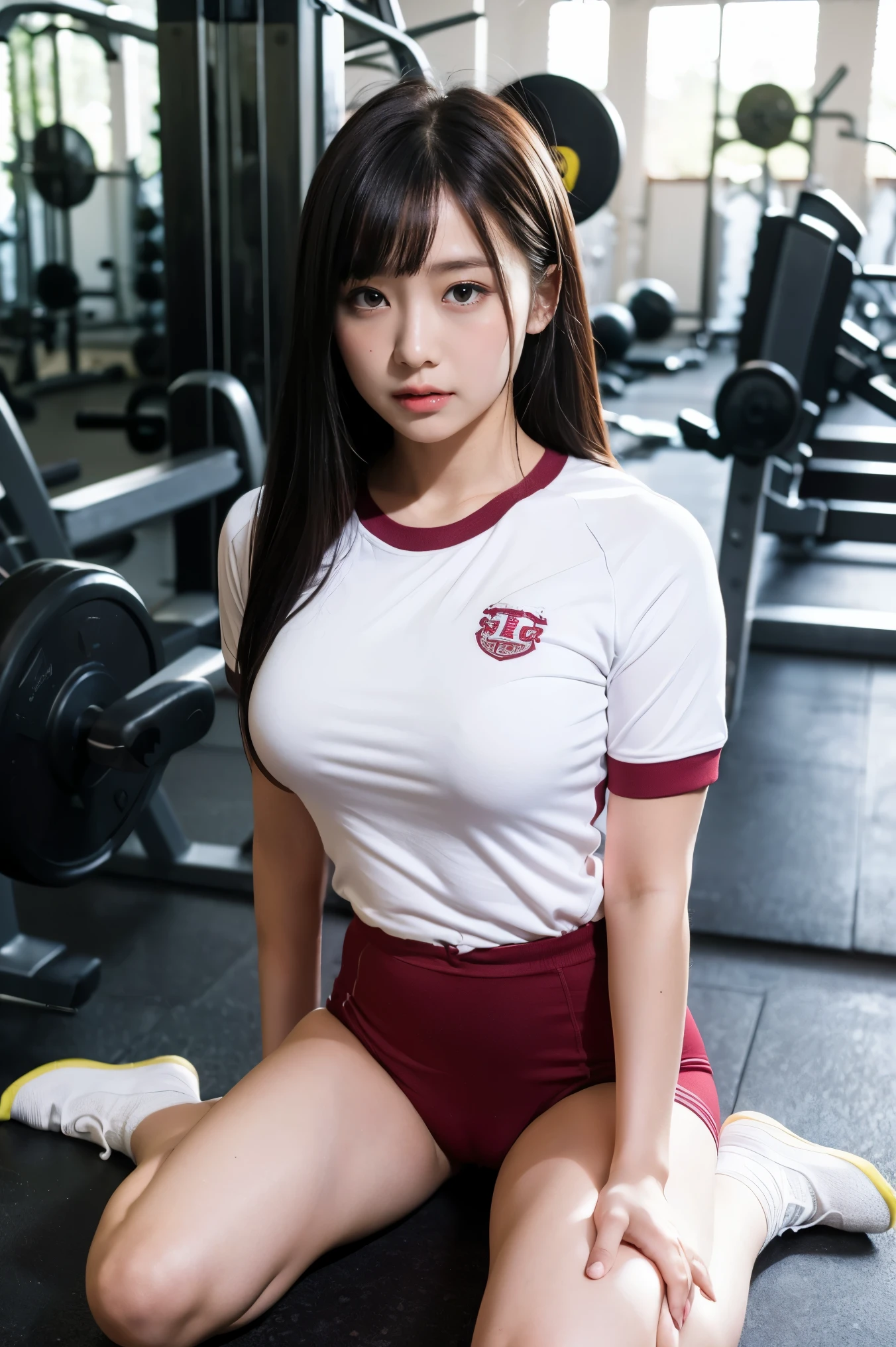 8k、high resolution、masterpiece、realistic、In detail、Fine texture、portrait from head to toe、high contrast、alone、high school girl、natural body shape、white skin、natural makeup、black hair、bangs、straight long hair、((School-specified gym clothes))((The upper body is a white gym uniform with a long hem.、short sleeve、There is a wine red line、))、((The lower body is wine red tight bloomers))、(((I put the hem of my gym uniform into my bloomers.、tuck in)))、、big breasts、、((The upper body is wearing gym clothes))、((school classroom))、Looking at the camera facing the front、、full body photo、focus on crotch、thighs exposed、white socks、white shoes、(Kneeling、Kneeling)、arms down