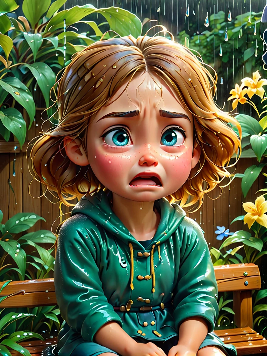 1girl,sit on bench,close up,wet,(sad cry:1.8),(shed tears:1.8),heavy rain,garden