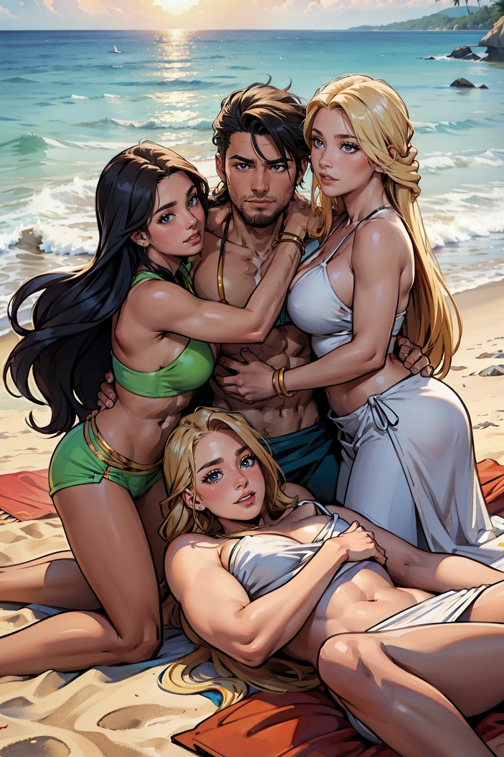 One Handsome Chad hugging three beautiful bitches tackling him and touching him,  dressed for the beach, perfect bodies, women: long flowing hair, flowers in hair, seductive, materials, golden hour, , jewelry, golden hour, photorealistic, masterpiece, in love, grins, perfect faces, Flirtatious, setting: a beach, harem, watercolor, on blanket