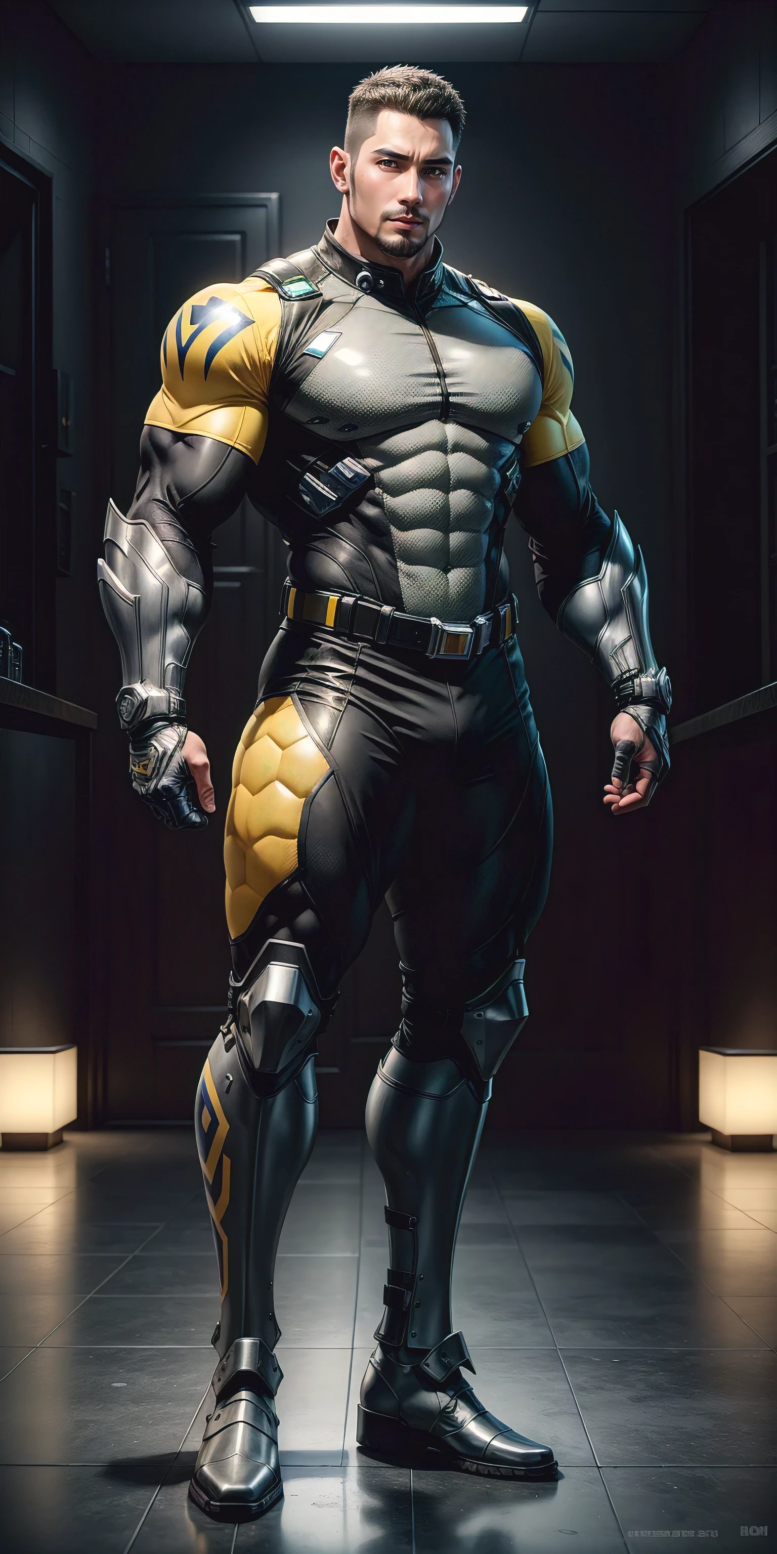 Tall giant muscular police officer，Yellow-gray honeycomb network pattern nano mecha，honeycomb pattern，Lightweight texture，character concept（Resident Evil - chris redfield，chris redfield）senior police officer，small grid texture，regular symmetrical texture pattern，sad expression，Deep and charming eyes，emerald eyed hero，heroic male pose，高大burly，muscular！Charming leg muscles，High, burly, Heqiang，  Super gain and cool， high resolution committee， Yellow-gray ultra-thin nano mechanical boots suitable for big feet，Charming strong man，The bright sunshine is shining on you，matte particles，shiny texture