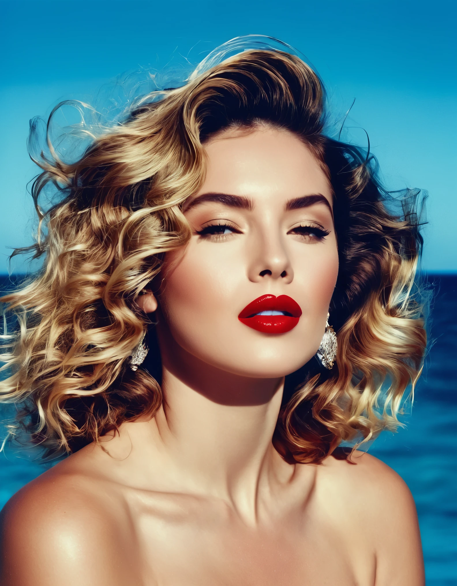 A glamorous woman with tousled waves and a bold red lip, set against a serene, oceanic blue backdrop.