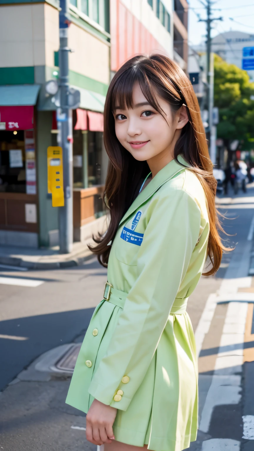 Best-quality, Masterpiece, Ultra-High-Resolution, (Photorealistic:1.4), Raw-Photo, 1girl, the most famous Japanese idol, walking at Hiroshima's main streets, wearing matching Japanese-high-school-spring-uniform, (extremely cute face like the most popular Japanese idol, (extremely beautiful big-eyes)), extremely beautiful hair, extremely beautiful skins, extremely beautiful long-eyelashes, extremely beautiful lips, extremely beautiful short-body, extremely beautiful thighs, innocent-smile, looking at viewer, detailed Hiroshima'ain-street, detailed matching-Japanese-high-school-spring-uniform