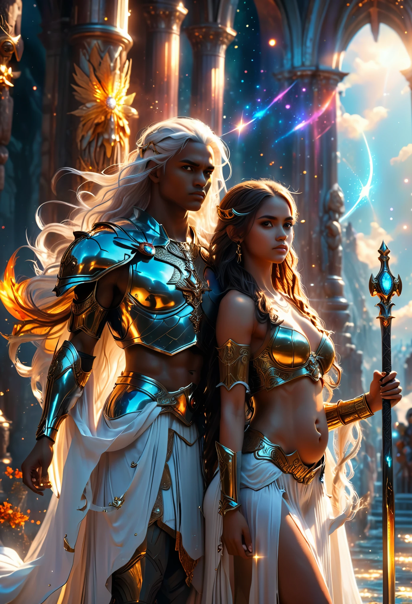 In a celestial landscape, in tribunal, (((a hot darkskin young couple of powerful judge, in 20's))) (((brown skin man and brown skin pregnant woman))), ((young brown skin long (whitehair) celestwarrior:1.7)), ((one brown skin pregnant (((darkhair:1.9))) judge woman))) standing in a great heavenly court, (((tenant chacun un sceptre))), trying to kill him with swords, dangerous scene, war, battle, 8K, extremely detailed, high quality, (photorealistic:1.37), Full body, vibrant colors, perfect lighting, soulful expressions, celestial aura, majestic presence, dreamlike atmosphere, 8 k artistic photography, photorealistic concept art, soft natural volumetric cinematic perfect
