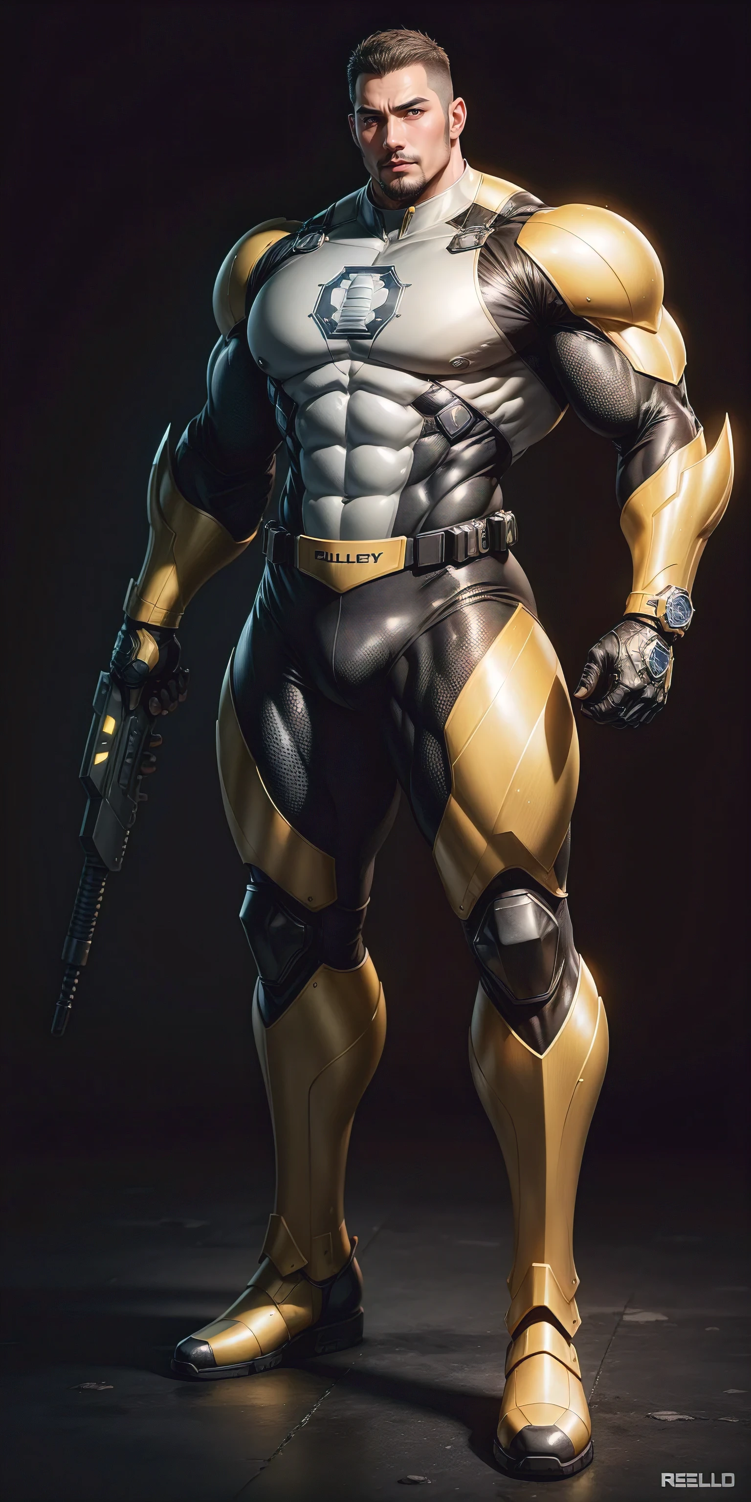 Tall giant muscular police officer,Yellow-gray honeycomb network pattern nano mecha,honeycomb pattern,Lightweight texture,character concept(Resident Evil - chris redfield,chris redfield)senior police officer,small grid texture,regular symmetrical texture pattern,sad expression,Deep and charming eyes,emerald eyed hero,heroic male pose,高大burly,muscular!Charming leg muscles,High, burly, Heqiang, Super gain and cool, high resolution committee, Yellow-gray ultra-thin nano mechanical boots suitable for big feet,Charming strong man,The bright sunshine is shining on you,matte particles,shiny texture