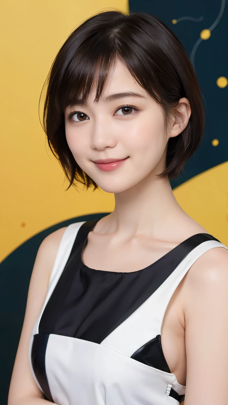 179 Short hair, 20 year old woman, gentle smile, (abstract background:1.46), (breast:1.2)