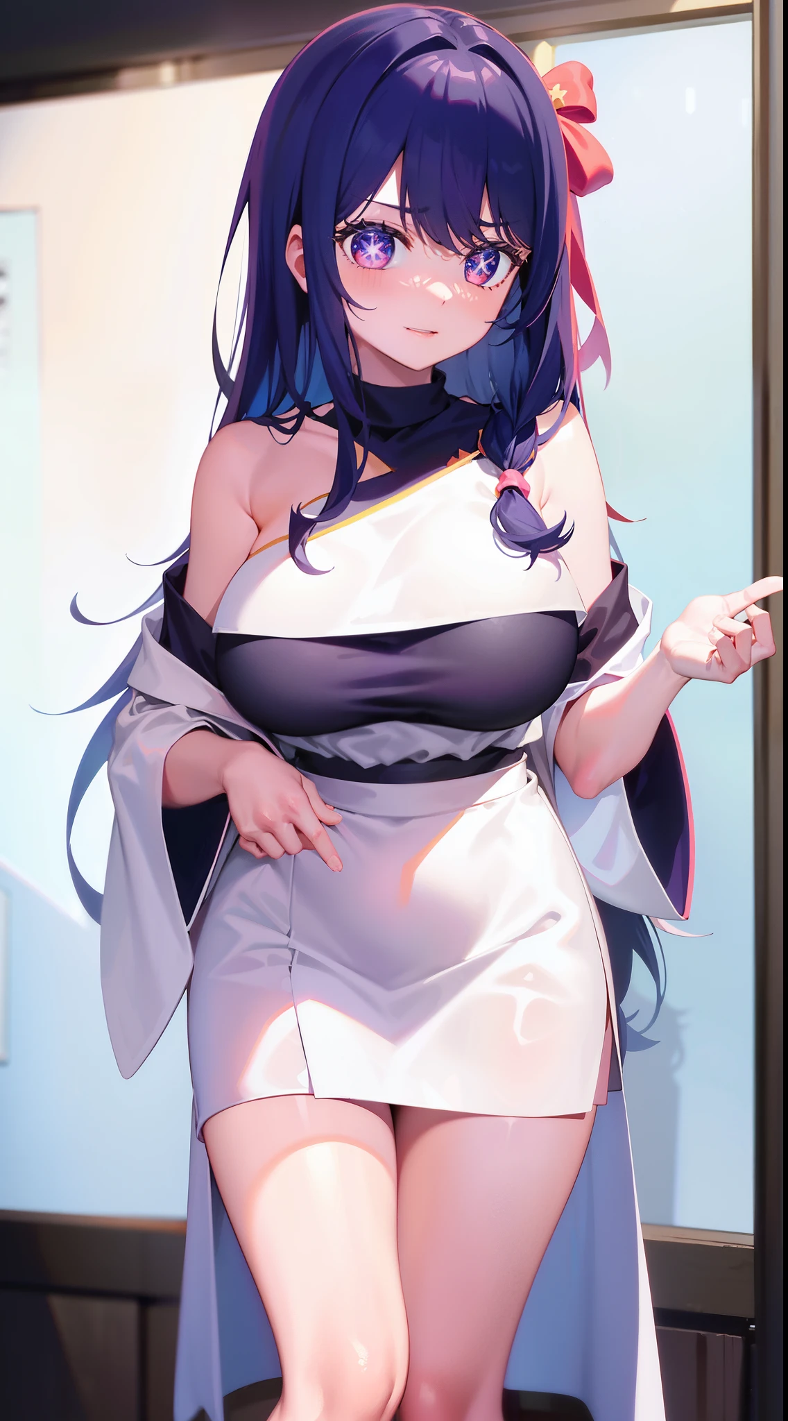 1girl, solo, blue_eyes, long_hair, rating:s, sheath, dress, ((side_boobs)), ,looking_at_viewer, bangs, halo, ahoge, breasts, sleeveless, bare_hand, bare_shoulders, short_dress,grin, blush, skirt, purple_hair, black_hair, simple_dress, (white_dress), skirt, big_breasts, long_hair, cowboy_shot, depth_of_field, blunt_bangs, simple_backgroud, perfect_hand, perfect eyes, (big_breasts), [[[[sword]]]]
