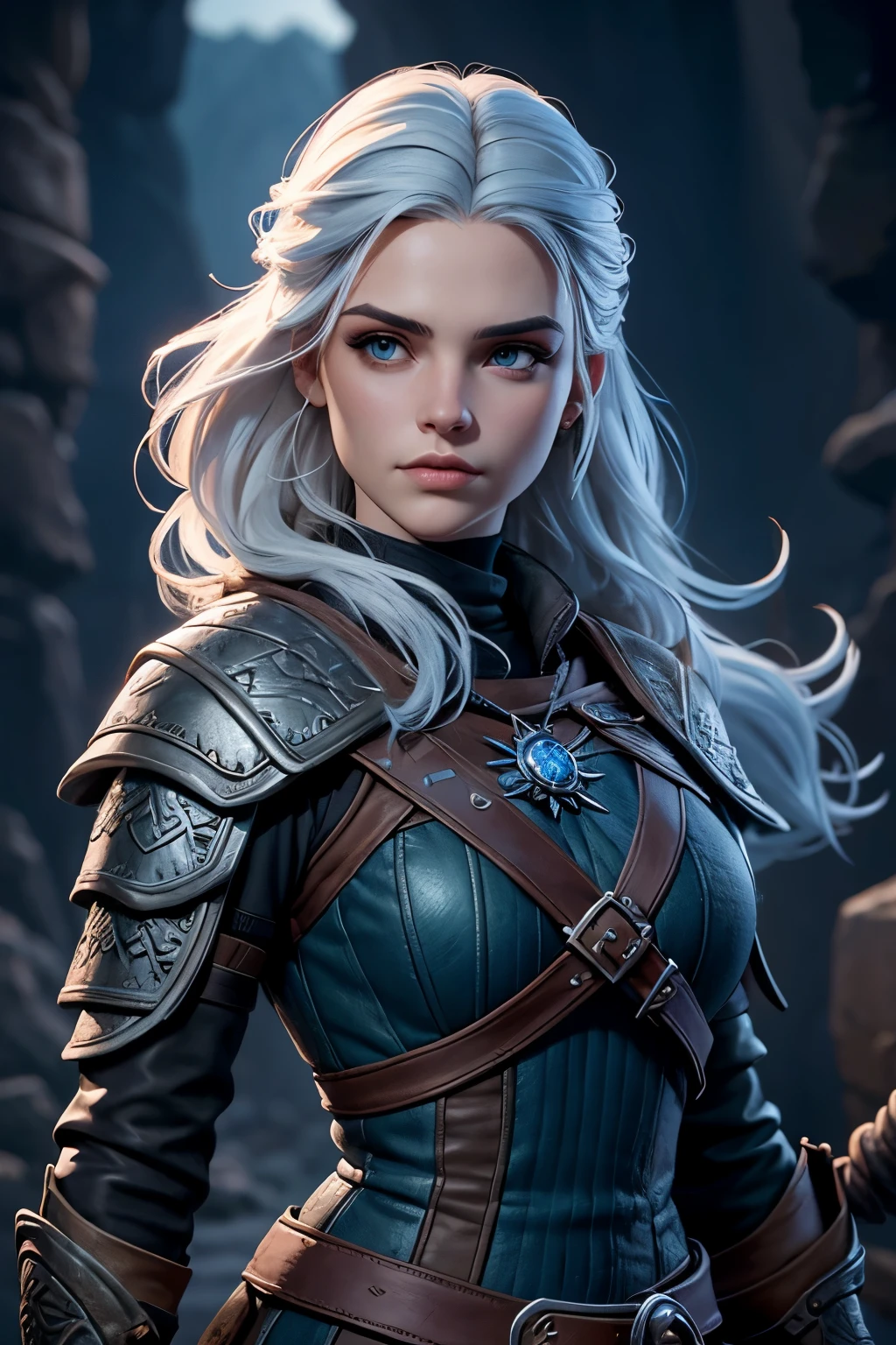 Hermosa mujer como Ciri del juego The Witcher., con pelo largo y ojos azules brillantes, obra maestra, ultra calidad, 8K, cabello cayendo sobre tus sombras, fondo la noche, Lleva una armadura medieval plateada.