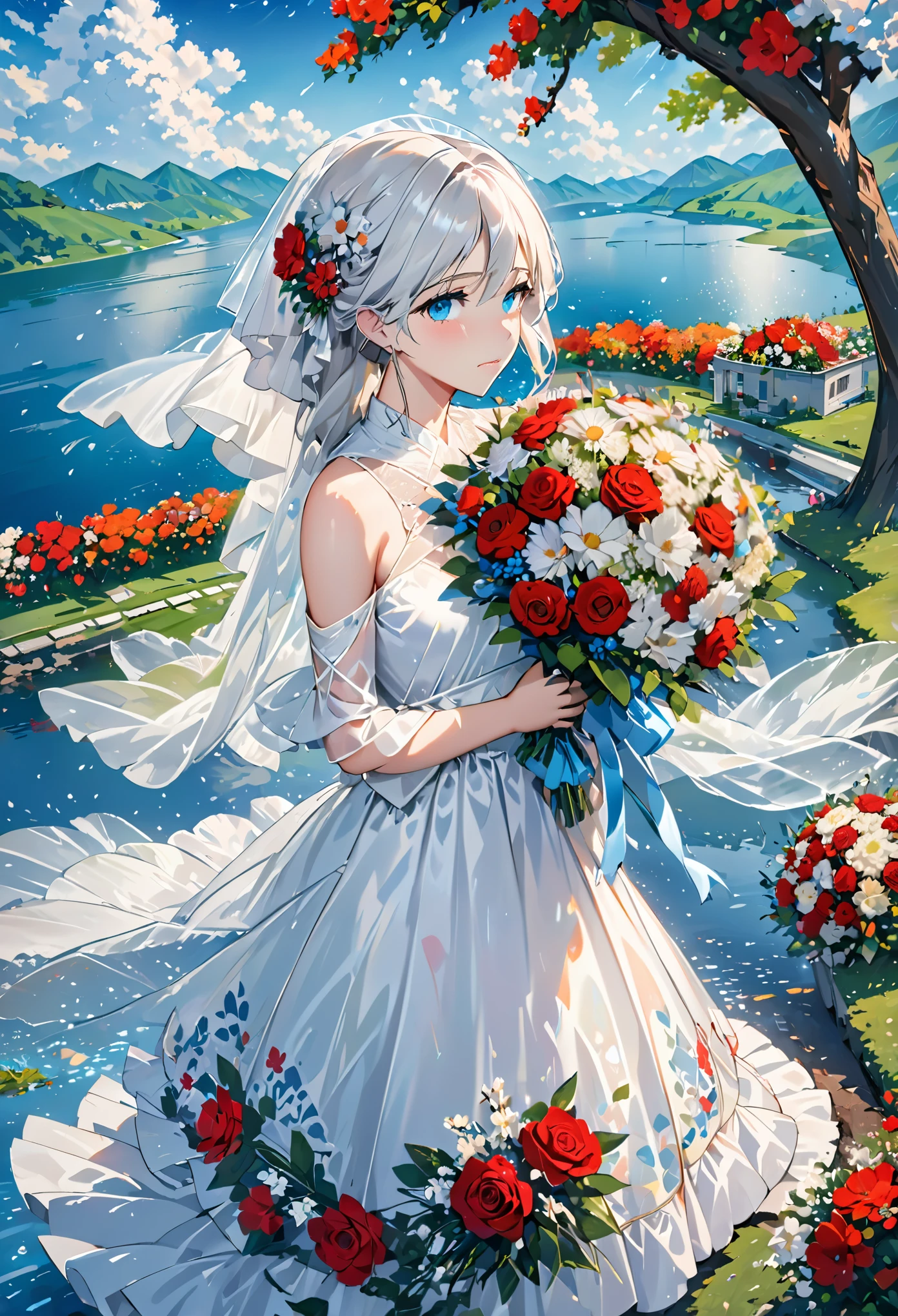 masterpiece,best quality,1girl,bare shoulders,white hair,veil,blue eyes,very long hair,crying,bouquet,cloudy,dress,flower,holding,holding bouquet,lake,looking at viewer,nature ,outdoor,red flower,rose,solo,standing,tree,water,drops,waterfall,moist sky,cloudy sky,building,raining