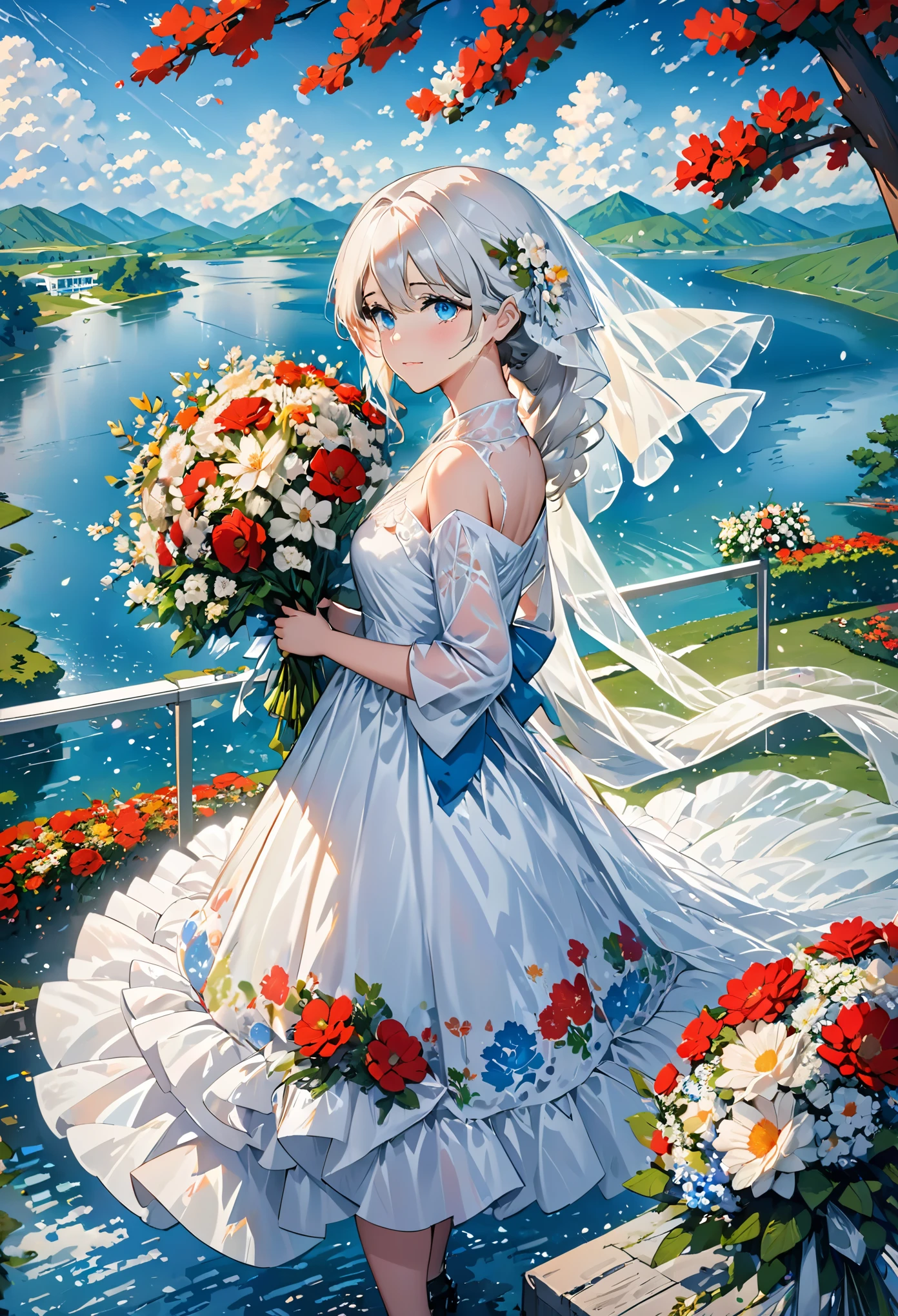 masterpiece,best quality,1girl,bare shoulders,white hair,veil,blue eyes,very long hair,crying,bouquet,cloudy,dress,flower,holding,holding bouquet,lake,looking at viewer,nature ,outdoor,red flower,rose,solo,standing,tree,water,drops,waterfall,moist sky,cloudy sky,building,raining